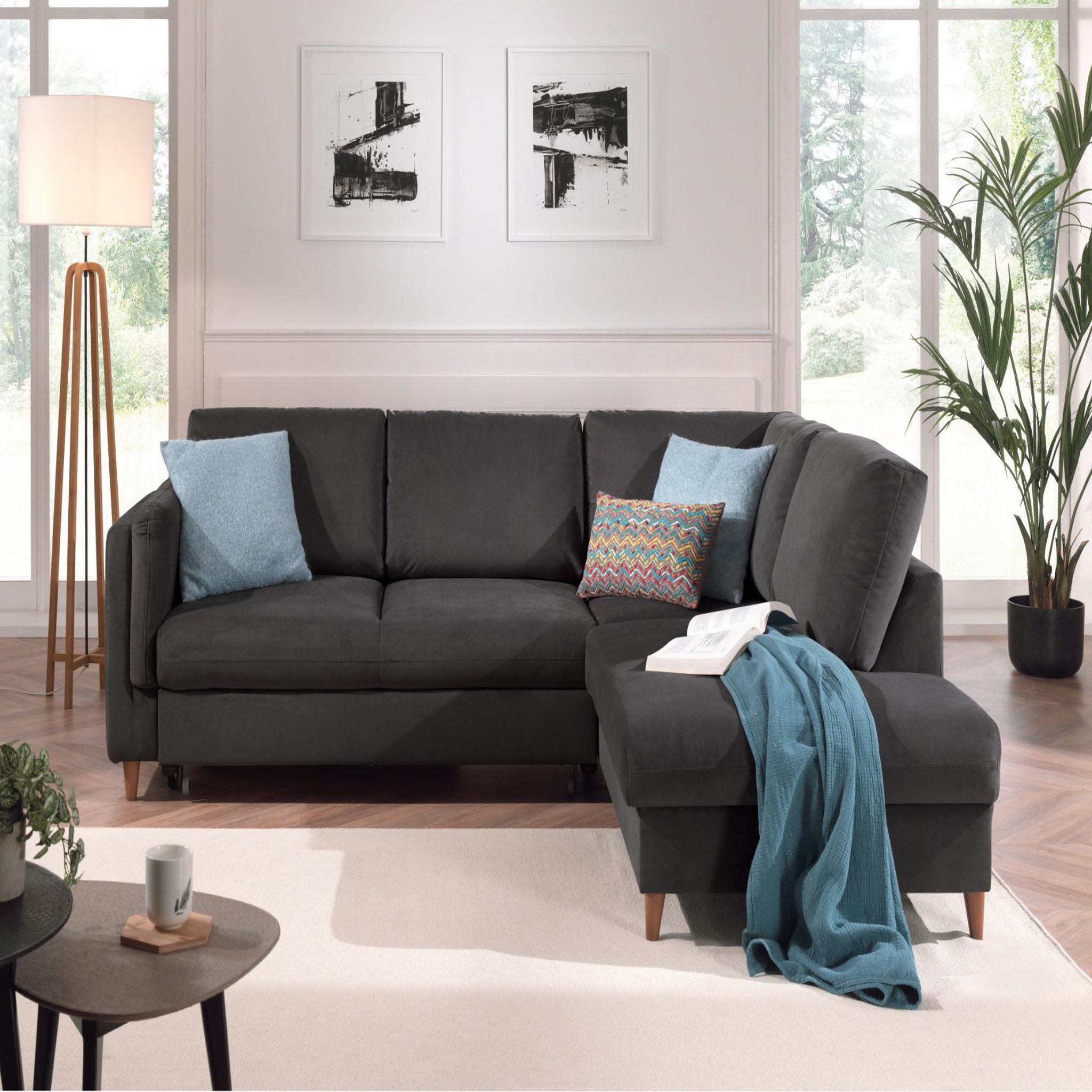 Voir la diapositive 2 : BEST MOBILIER Brooke - canapé d'angle droit - convertible - 5 places - en velours