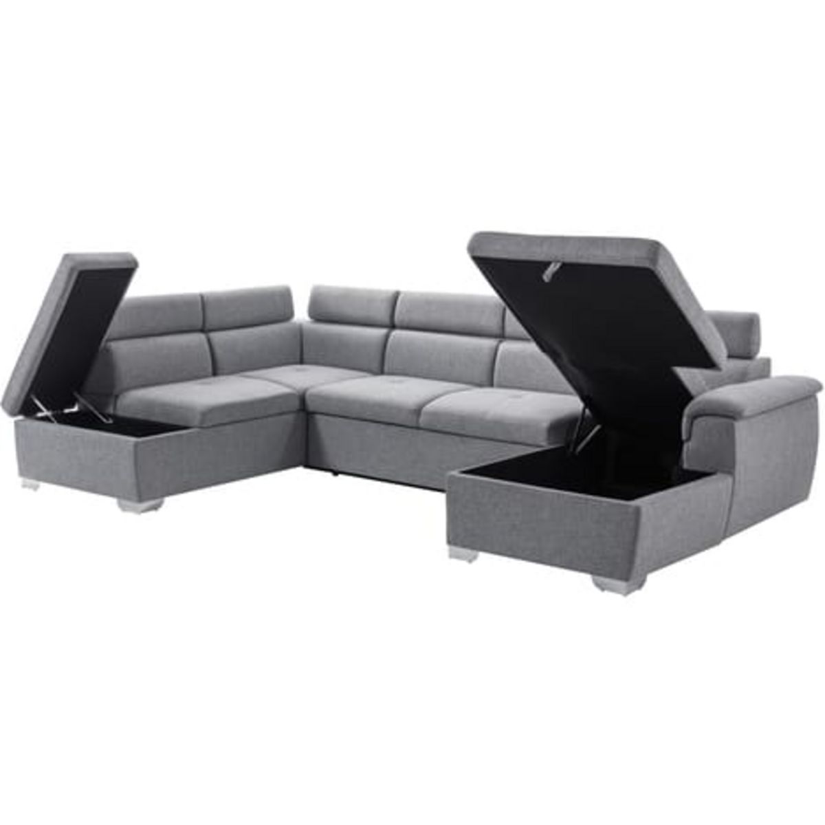 Canapé d'angle gauche convertible, PARMA, 5 à 6 places, rangement étagère, coffre de stockage, tissu gris clair