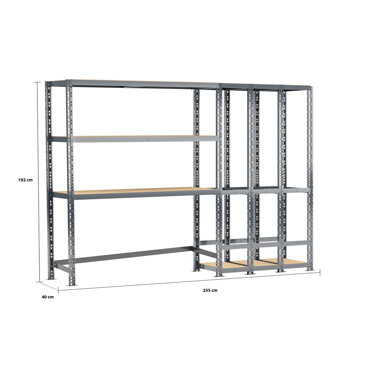 Concept rangement de garage MODULÖ STORAGE SYSTEME EXTENSION 2 étagères 5 plateaux longueur 255 cm