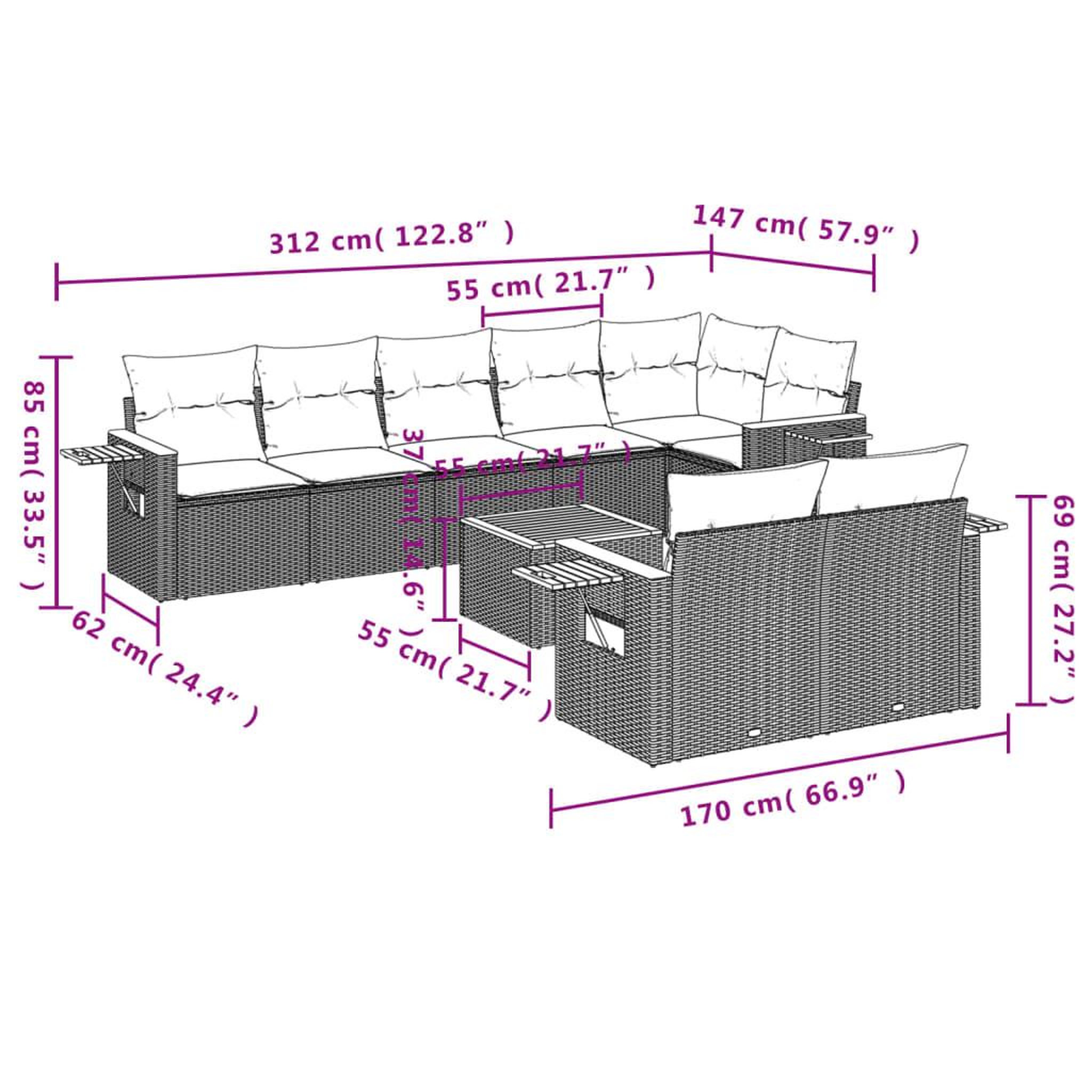 Voir la diapositive 4 : VIDAXL Salon de jardin 9 pcs avec coussins gris resine tressee