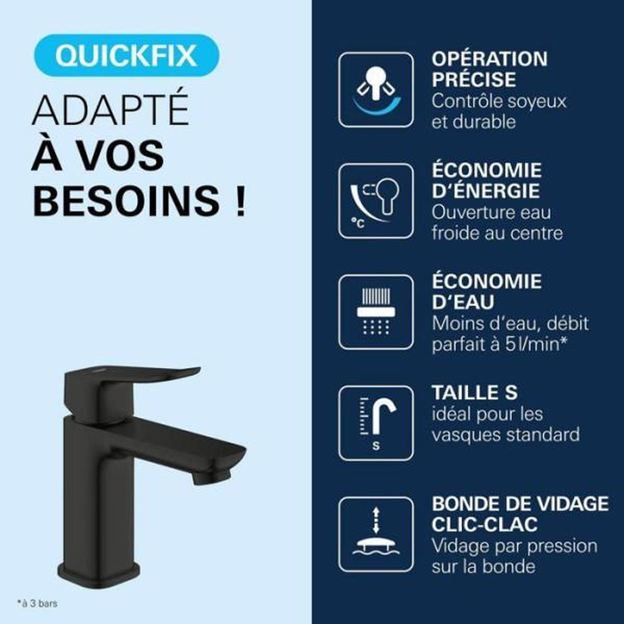 Voir la diapositive 4 : Grohe Mitigeur de lavabo - grohe dice - taille s - cartouche ch3 & vidage clic-clac - noir mat