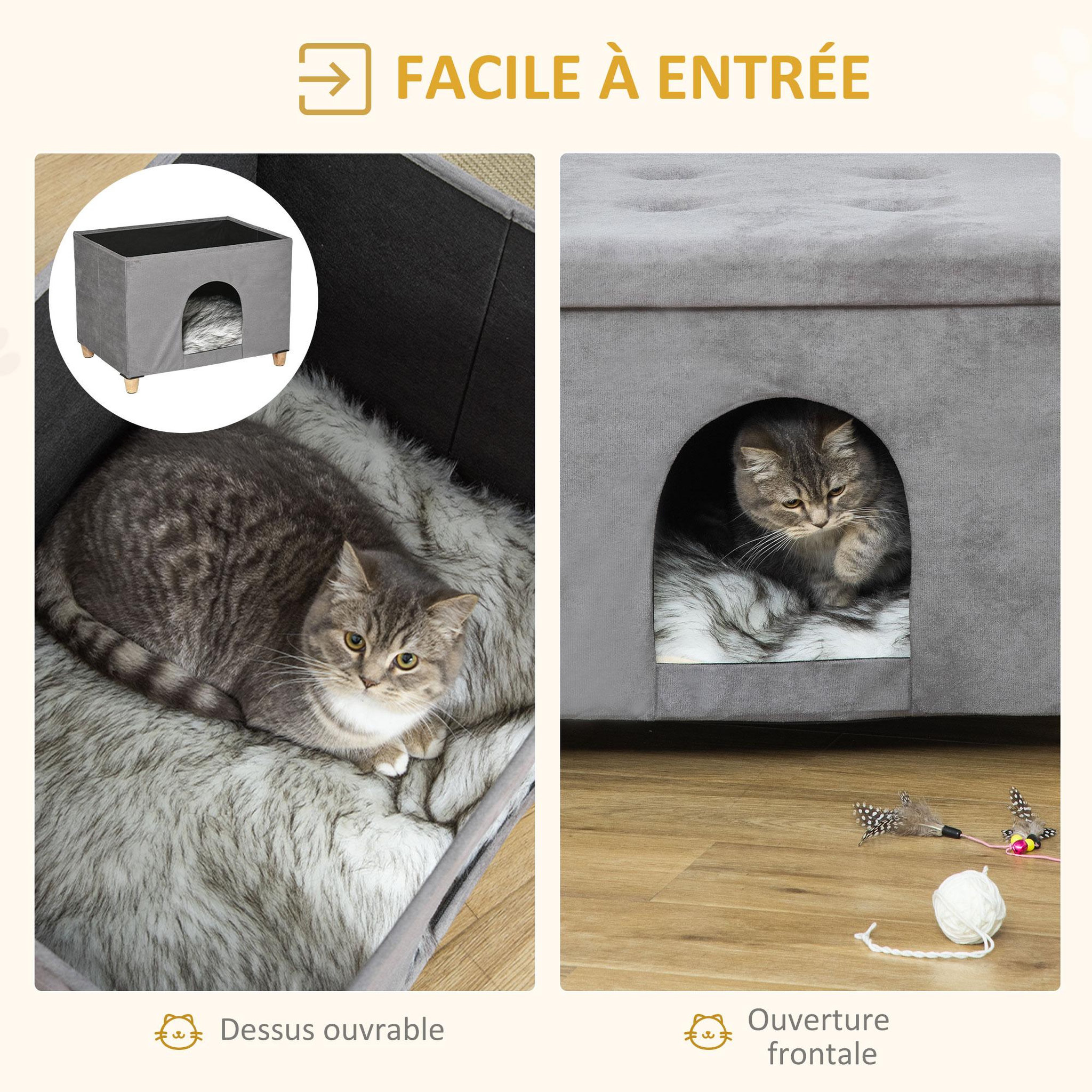 Voir la diapositive 5 : PAWHUT Niche chat maison de chat sur pied repose-pied 2 en 1 - coussin inclus - pliable - MDF peluche suédé gris