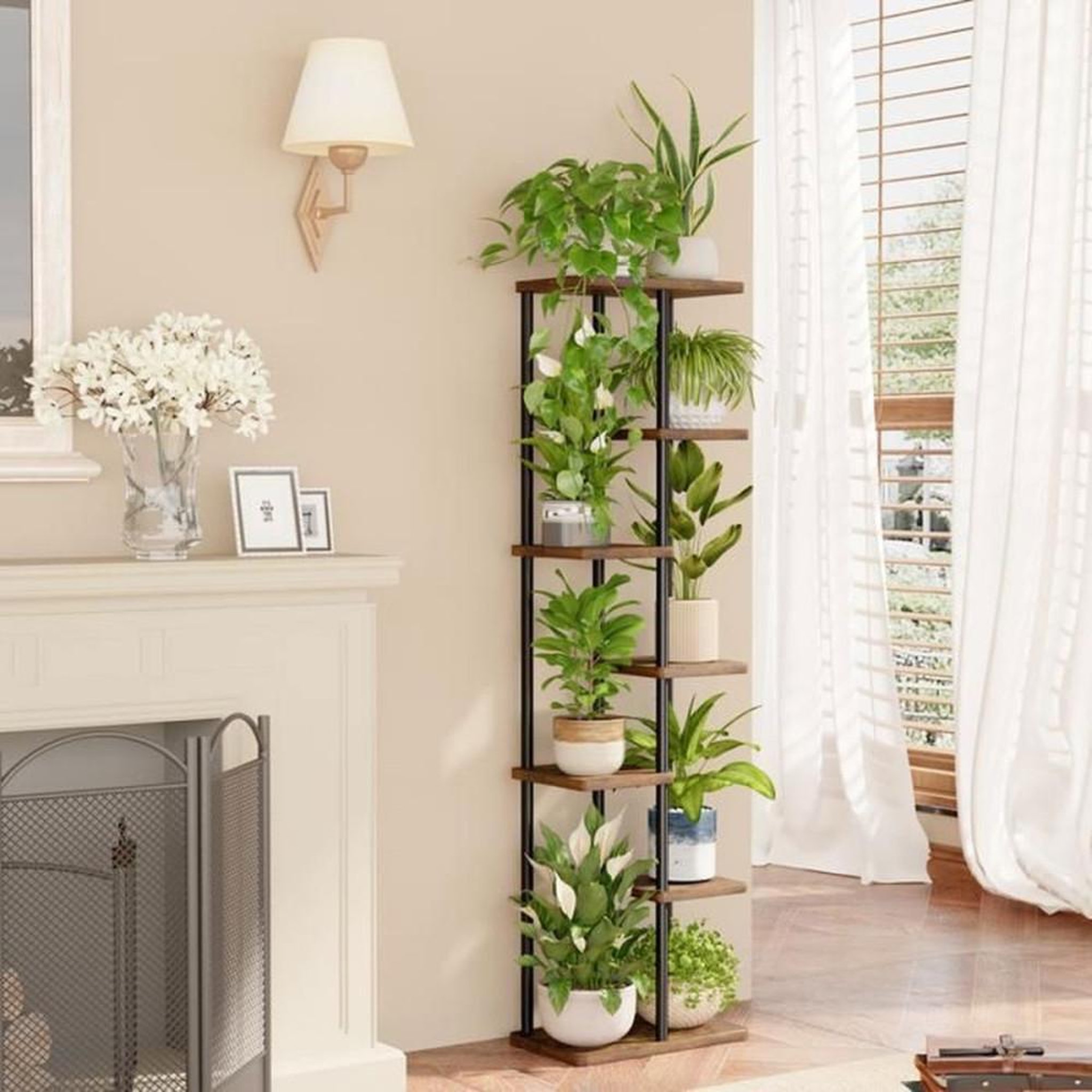 Voir la diapositive 4 : Support à plantes 7 niveaux brun rustique, cadre en fer pur et étagères en MDF épais