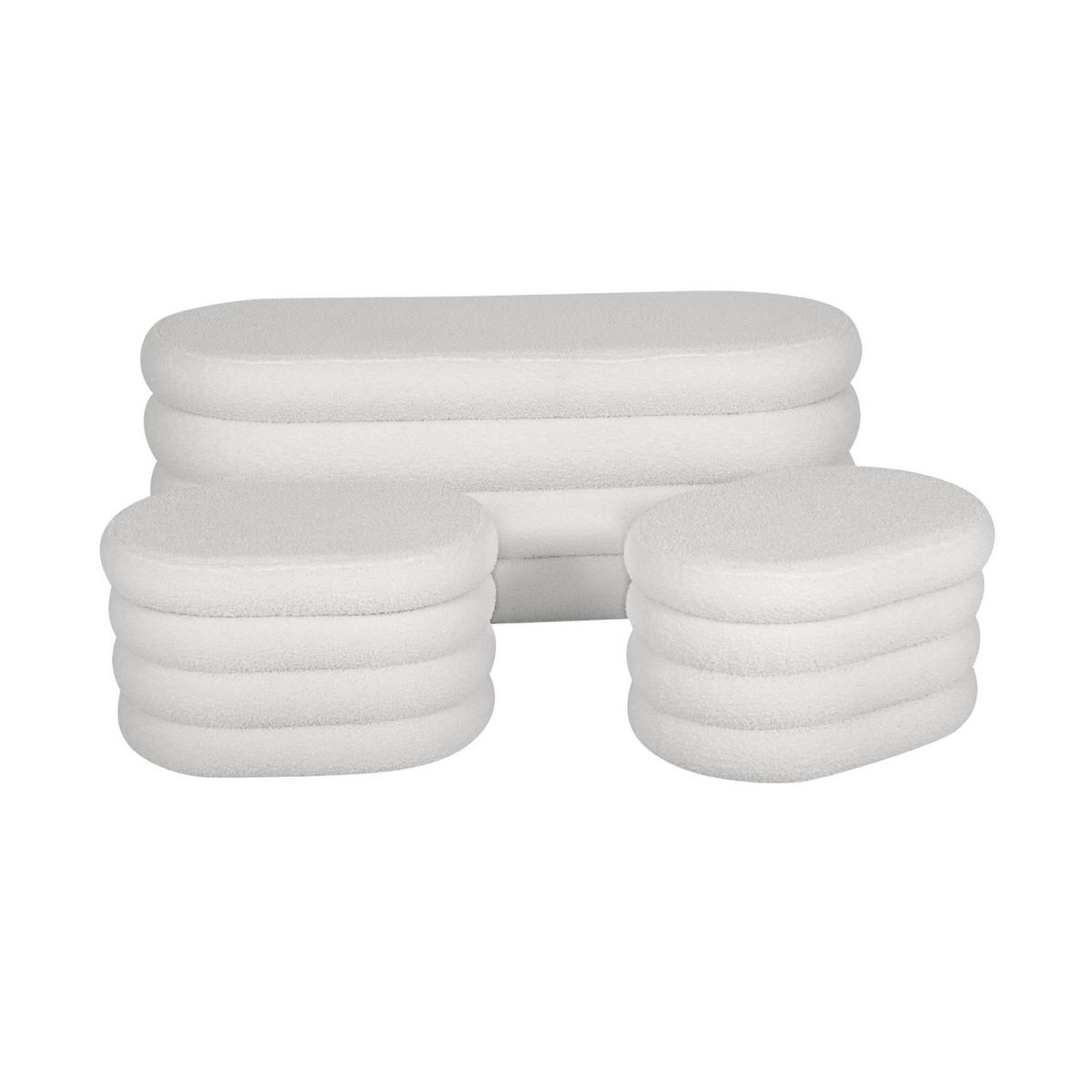 SWEEEK Banc coffre en bouclettes blanches avec 2 poufs ovales de rangement intégrés - L111cm