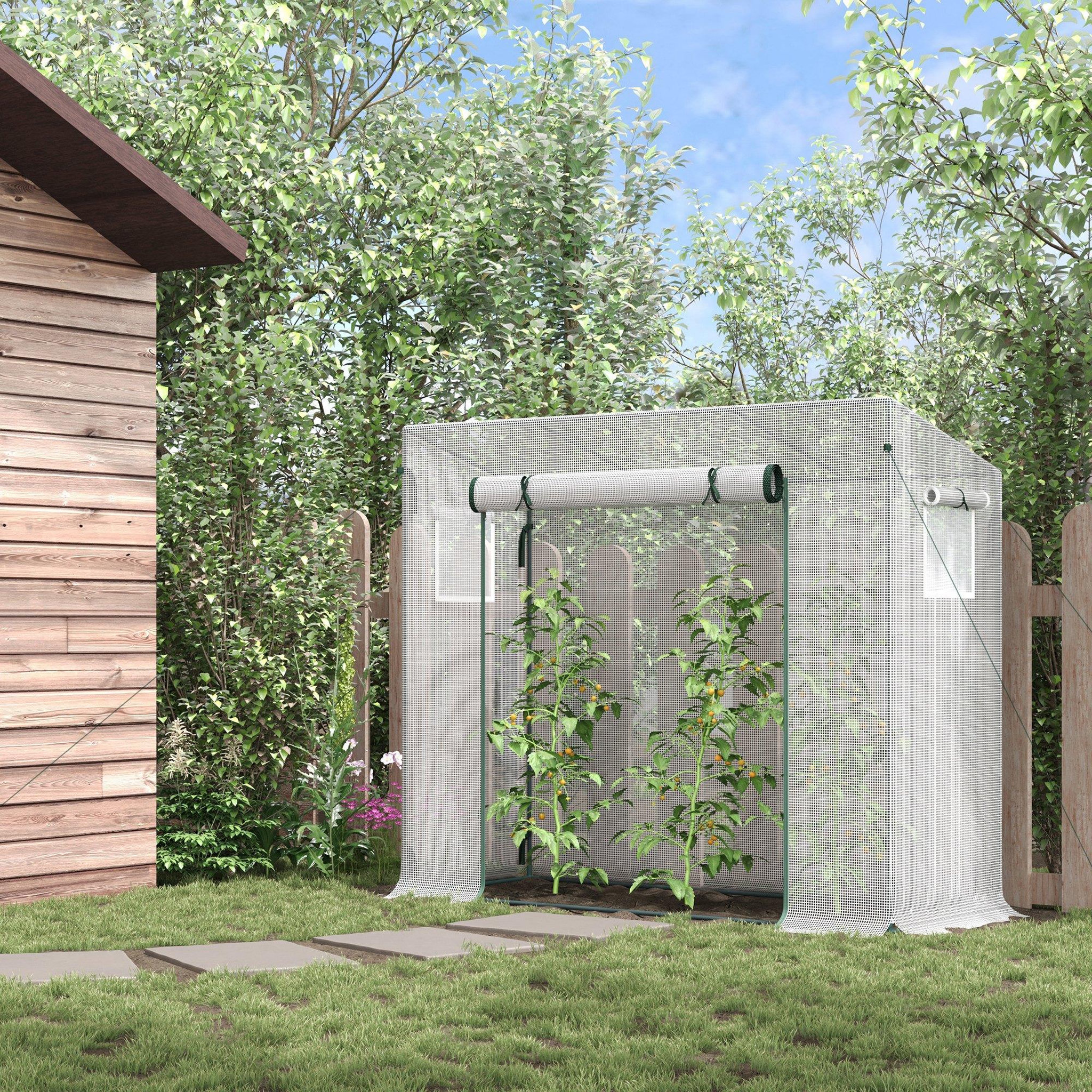 Voir la diapositive 2 : OUTSUNNY Serre de jardin 2 fenêtres moustiquaires porte enroulable zippée dim. 200 x 76 x 168 cm acier pe blanc