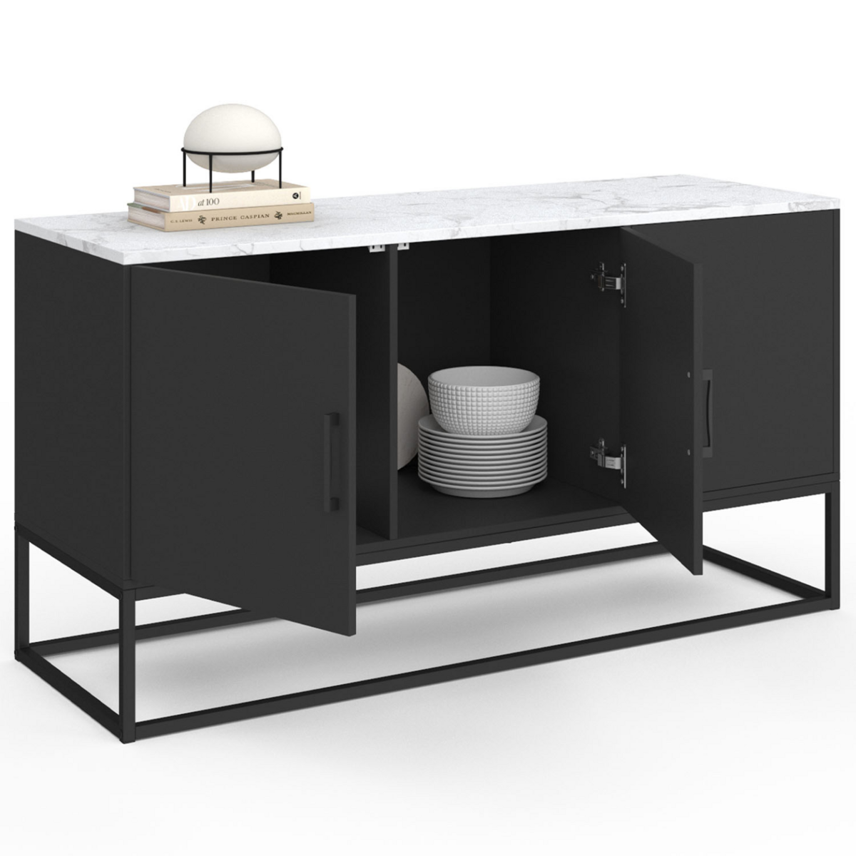 ID MARKET Buffet bas 113 cm ALASKA 3 portes noir plateau effet marbre blanc