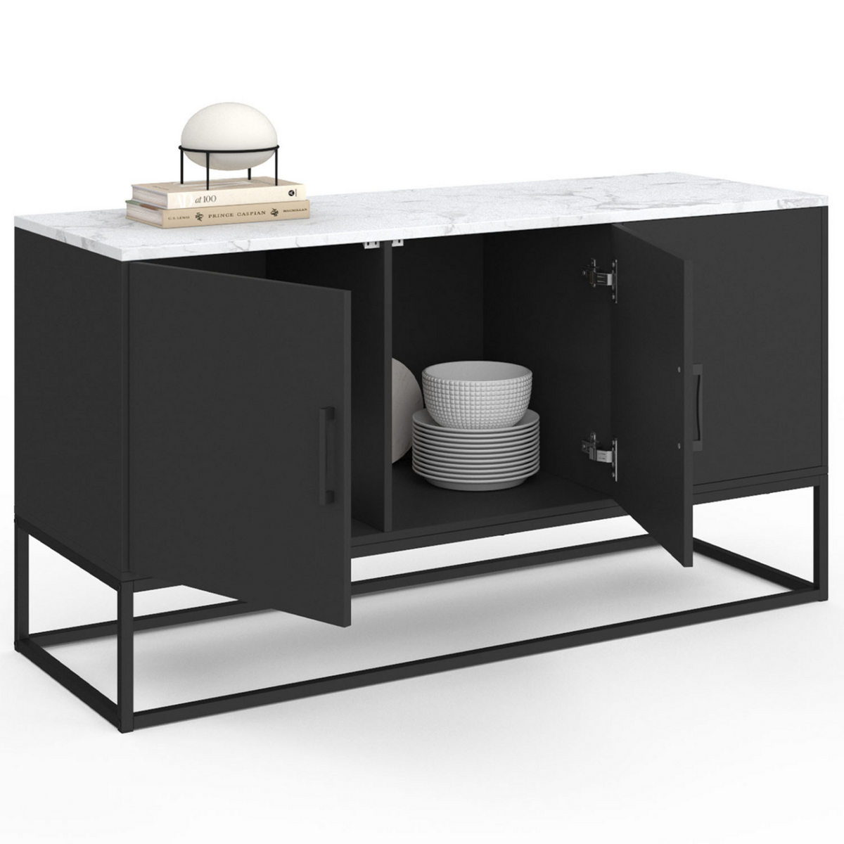 ID MARKET Buffet bas 113 cm ALASKA 3 portes noir plateau effet marbre blanc