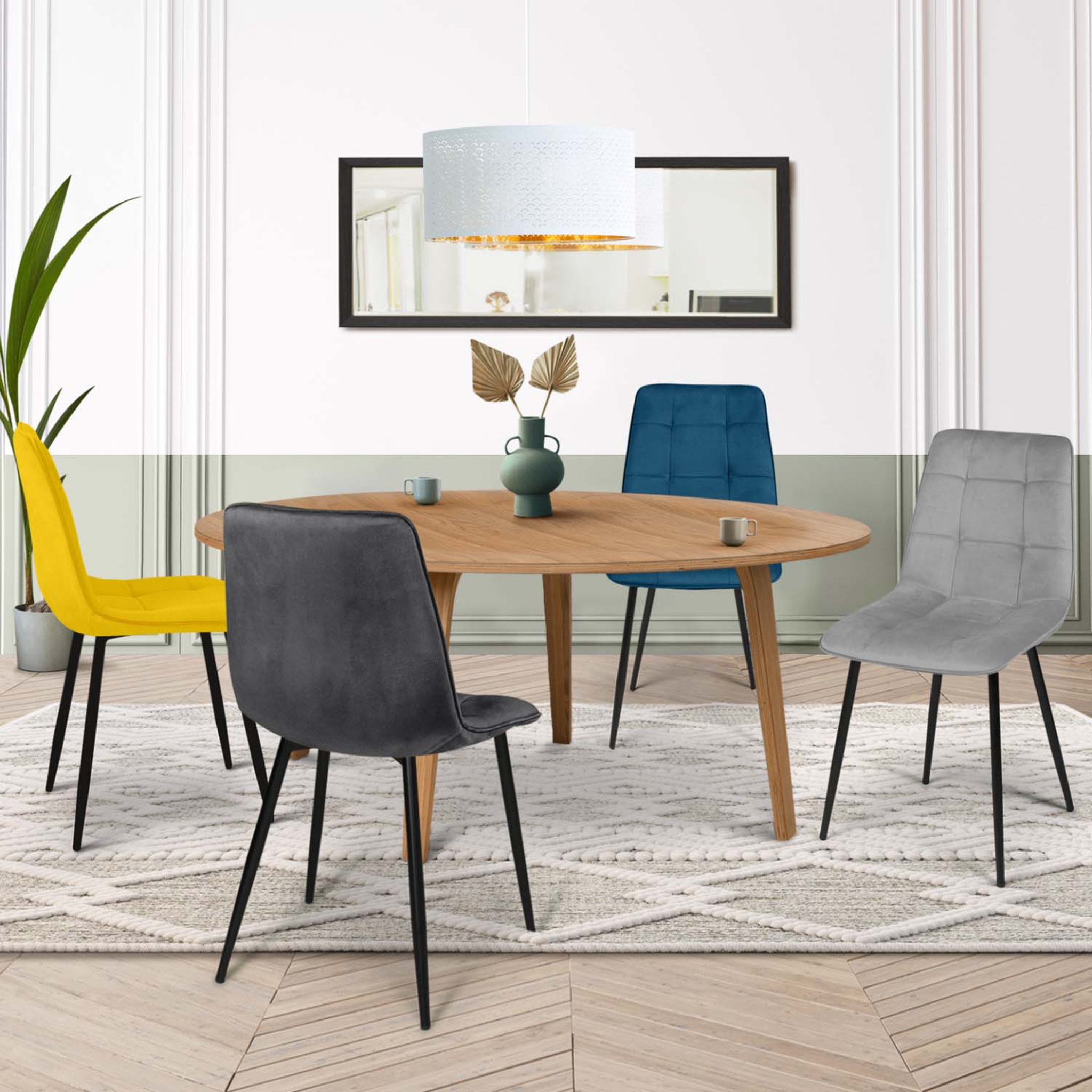 Voir la diapositive 2 : ID MARKET Lot de 4 chaises mila en velours mix color bleu, gris clair, gris foncé, jaune