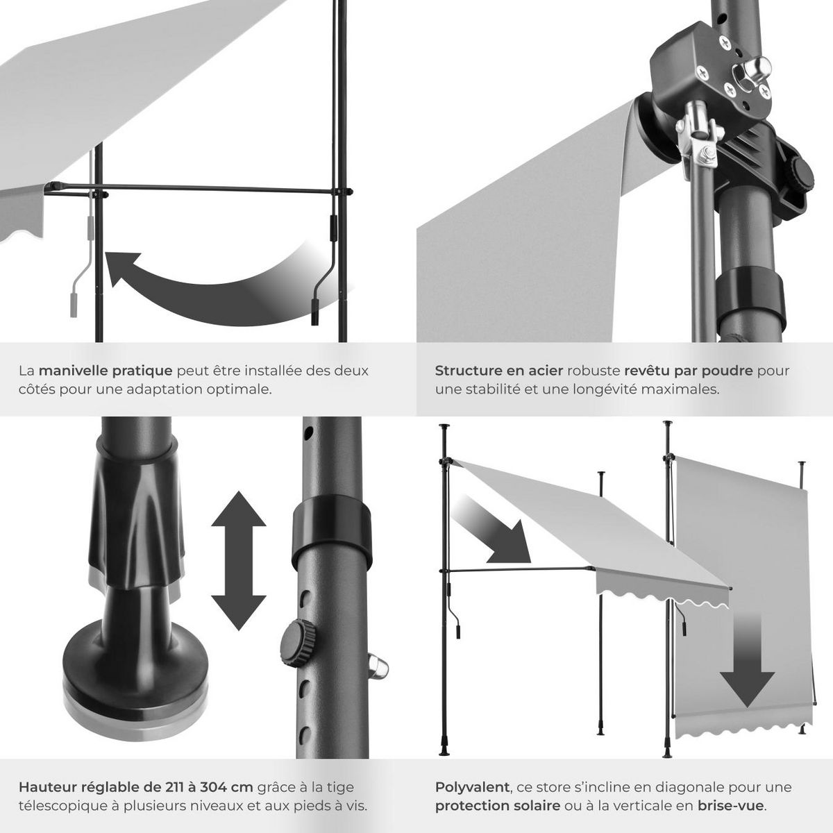 tectake Store à pince sans perçage avec manivelle gris clair 150 x 180 cm