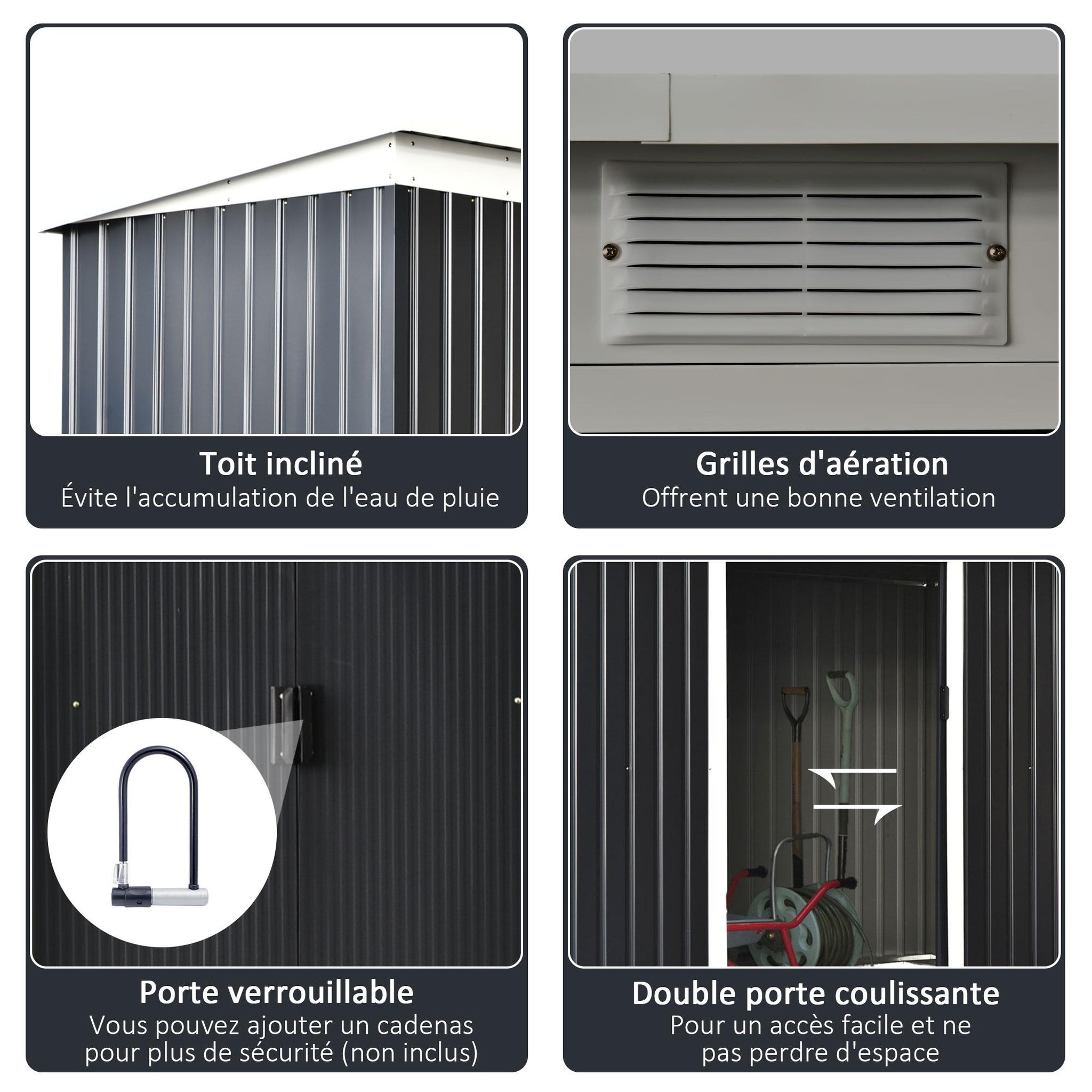 Voir la diapositive 5 : OUTSUNNY Abri de jardin - remise pour outils - cabanon portes verrouillables - dim. 2,8L x 1,3l x 1,72H m - tôle d'acier gris noir