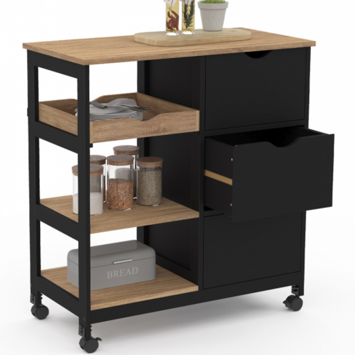 ID MARKET Desserte de cuisine MUNA 3 paniers + 1 plateau amovible noir et effet hêtre L.76 cm