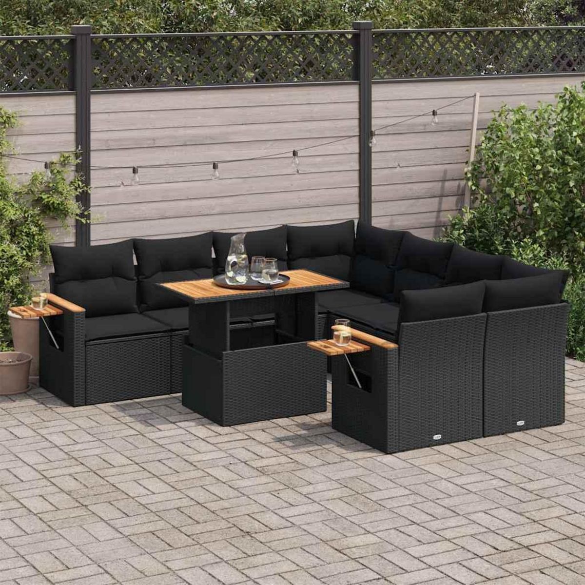 VIDAXL Salon de jardin avec coussins 9 pcs noir resine tressee acacia