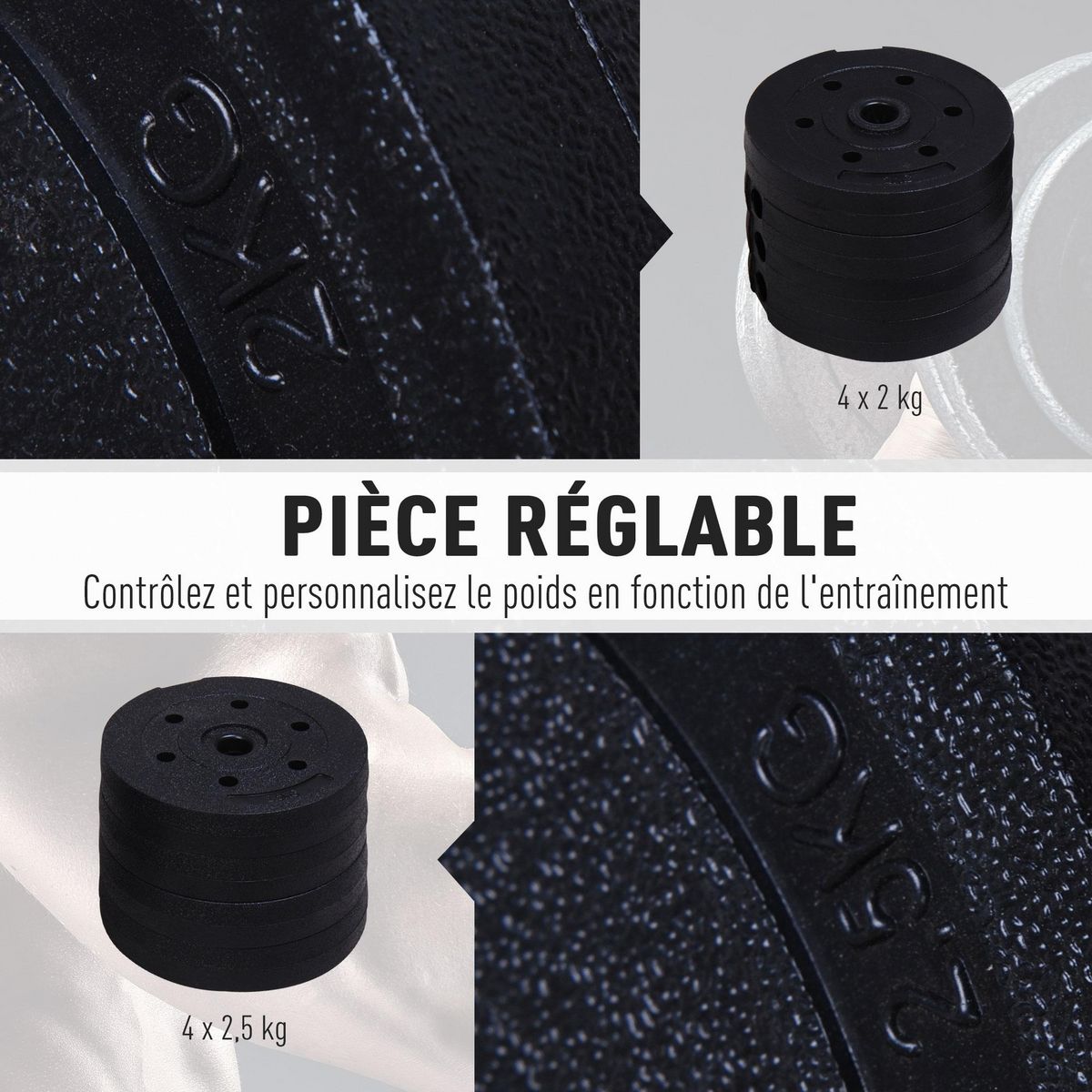 HOMCOM Ensemble d'haltères courtes total 20 Kg - barres incluses - entraînement musculaire & haltérophilie - acier HDPE noir