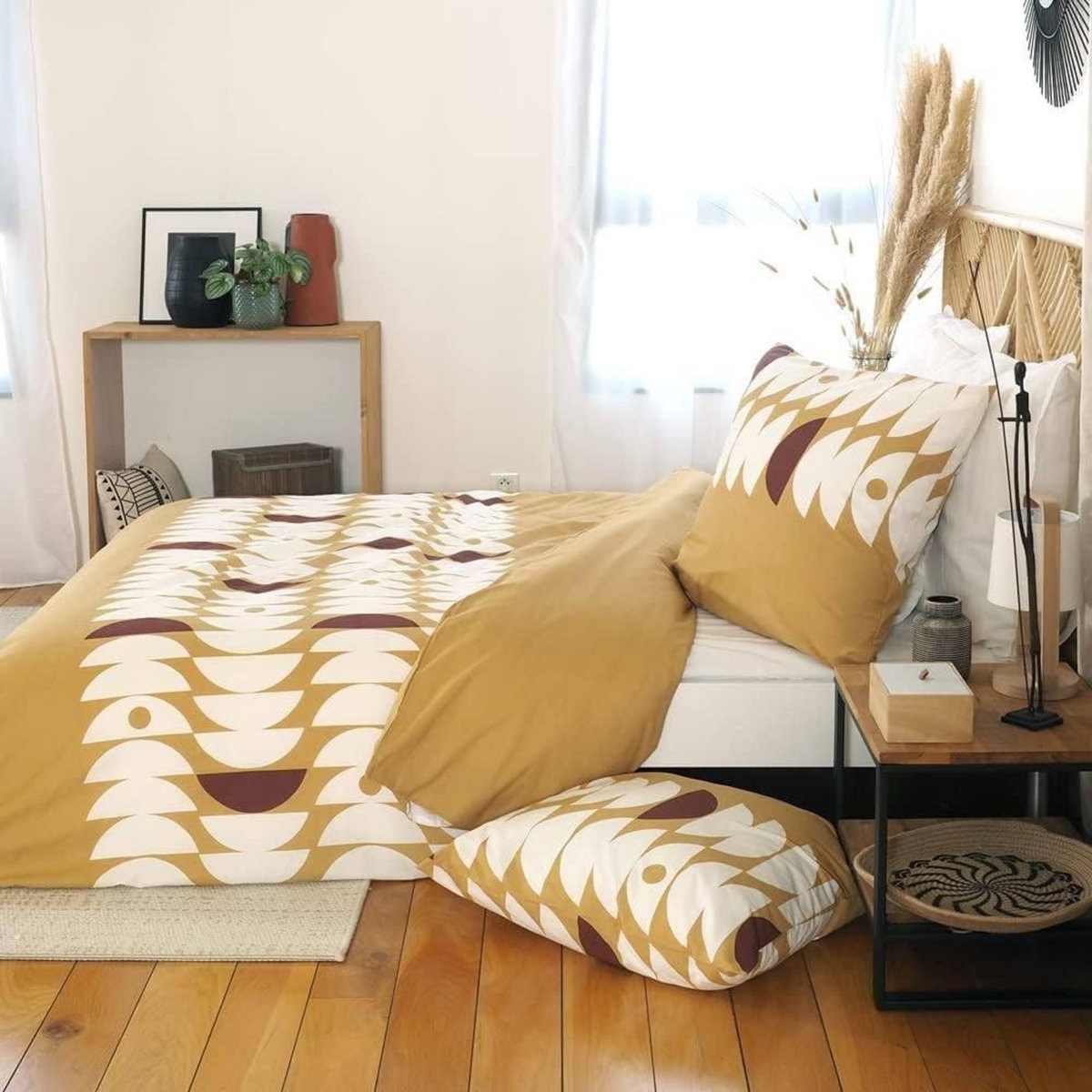 COTE DECO Housse de couette 240 x 260 Geojaune + 2 taies 100% coton 57 fils