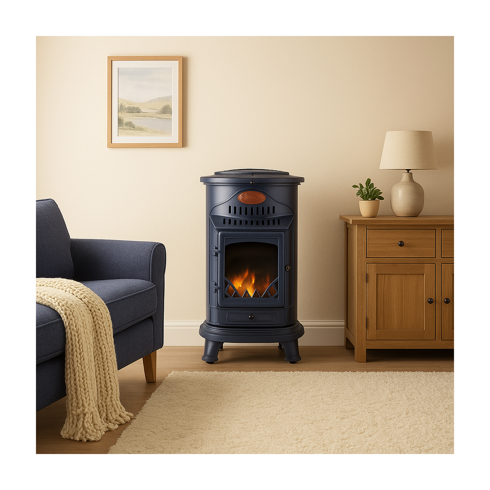 Voir la diapositive 3 : SAHARA Poele à gaz 3,4KW Bleu Saphir Mat Effet poêle à bois Fonte véritable + Tuyau gaz + détendeur butane Provence Sahara