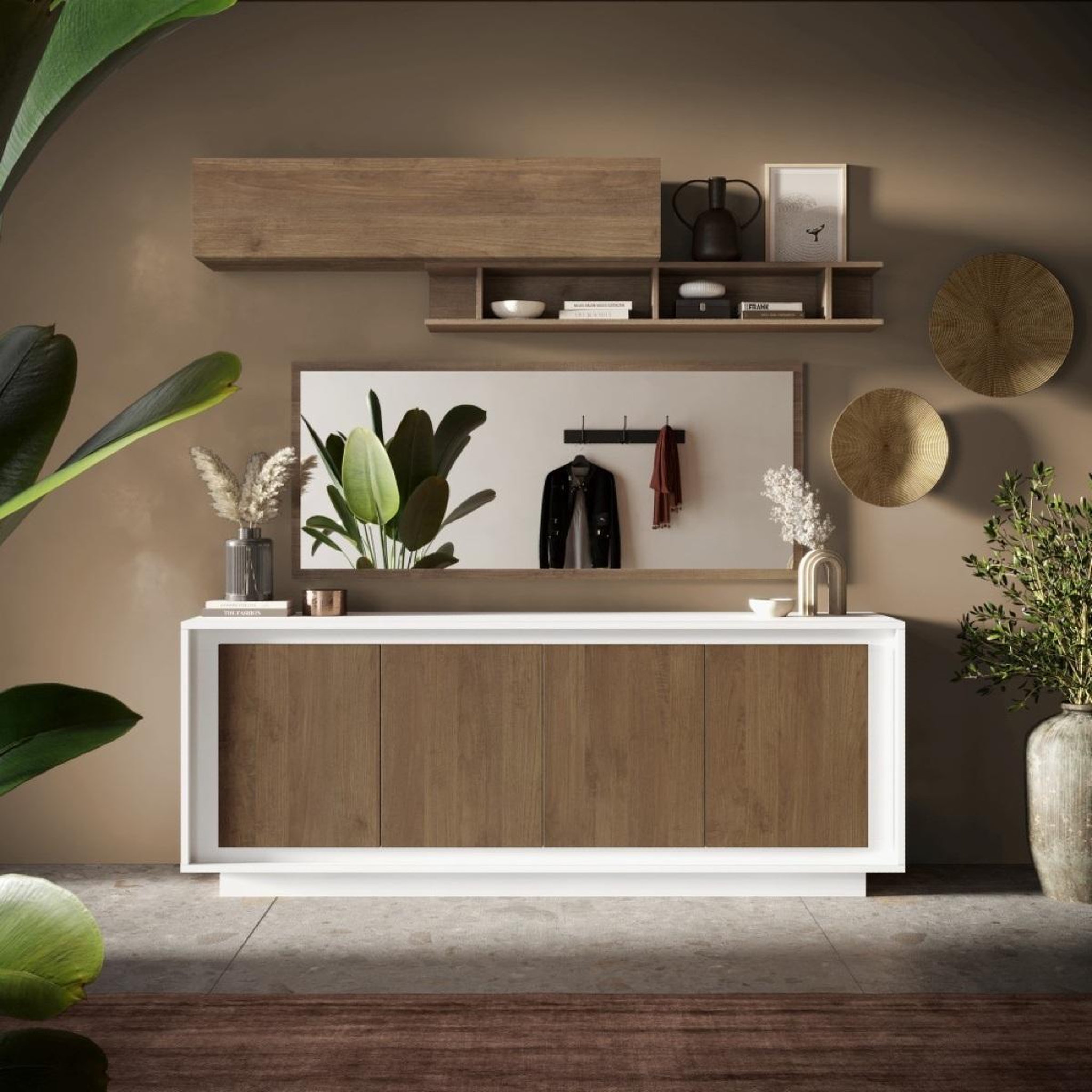 Voir la diapositive 2 : JLC KREATION Buffet bas contemporain 4 portes blanc et noyer YORI