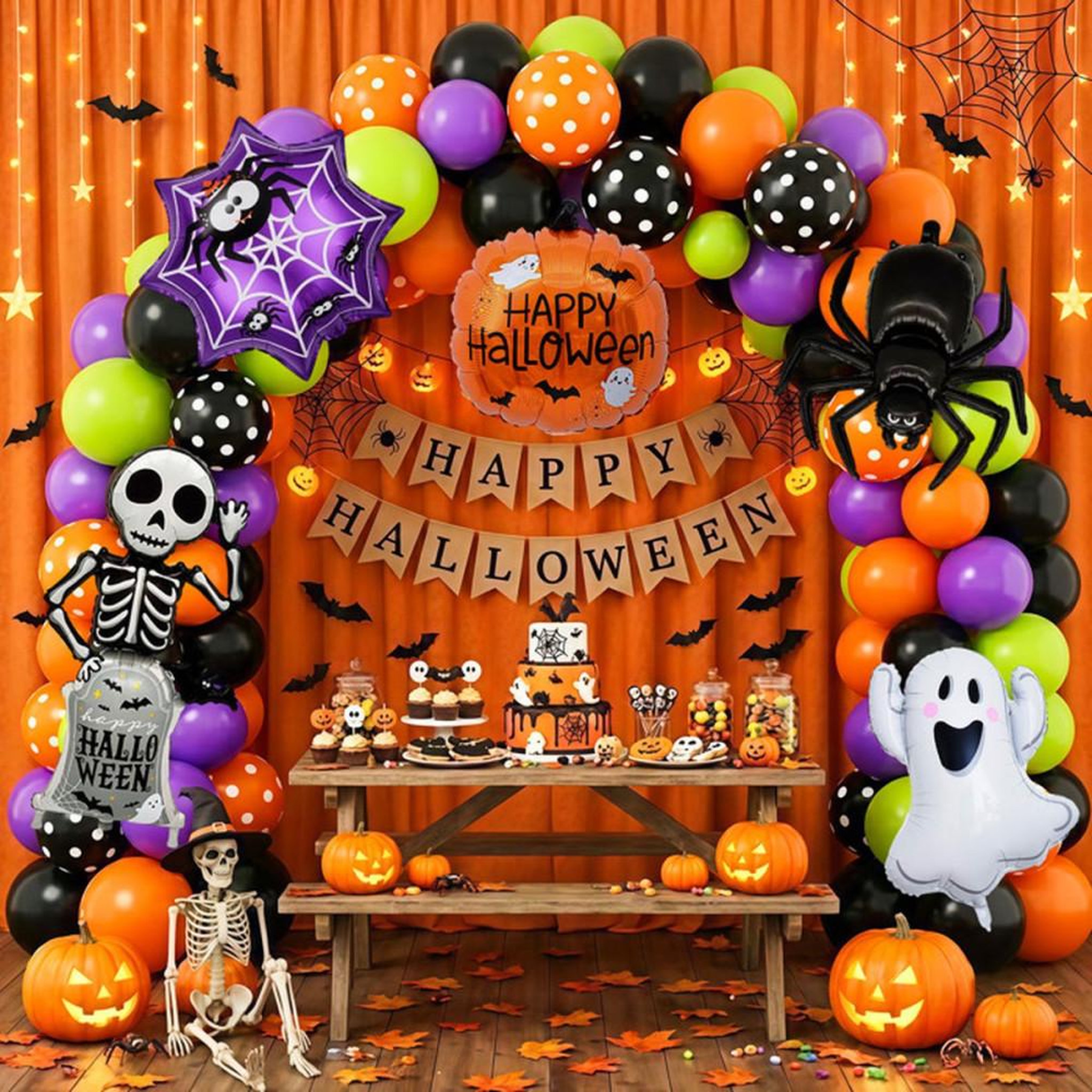 Voir la diapositive 3 : Décoration fête Halloween avec ballons 108 pièces, noir, orange, violet et vert, chauves-souris et panneaux  Happy Halloween