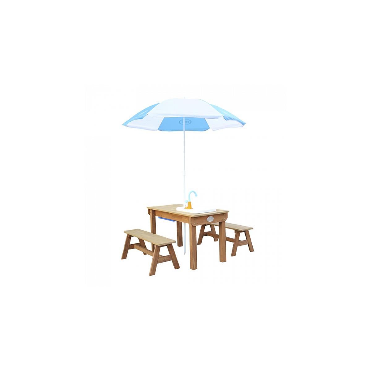 Axi House AXI Dennis Table sable et eau Picnic avec cuisine evier et banc Marron Parasol Bleu Blanc