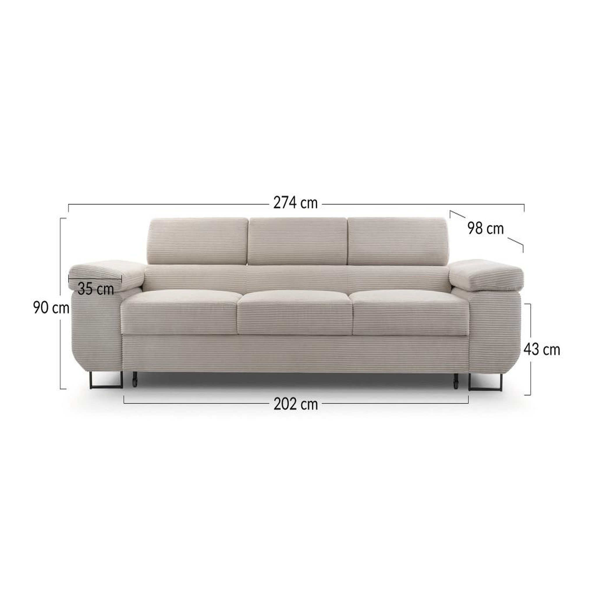 Voir la diapositive 6 : BEST MOBILIER Pablo - canapé 3 places - convertible avec têtières réglables - en velours côtelé