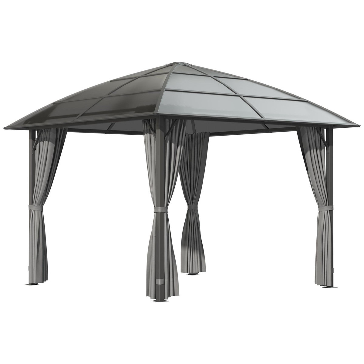 OUTSUNNY Pavillon de jardin barnum rigide dim. 3,05L x 3,05l x 2,7H m 4 rideaux zippés alu. acier polycarbonate noir polyester gris