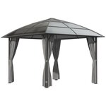 OUTSUNNY Pavillon de jardin barnum rigide dim. 3,05L x 3,05l x 2,7H m 4 rideaux zippés alu. acier polycarbonate noir polyester gris