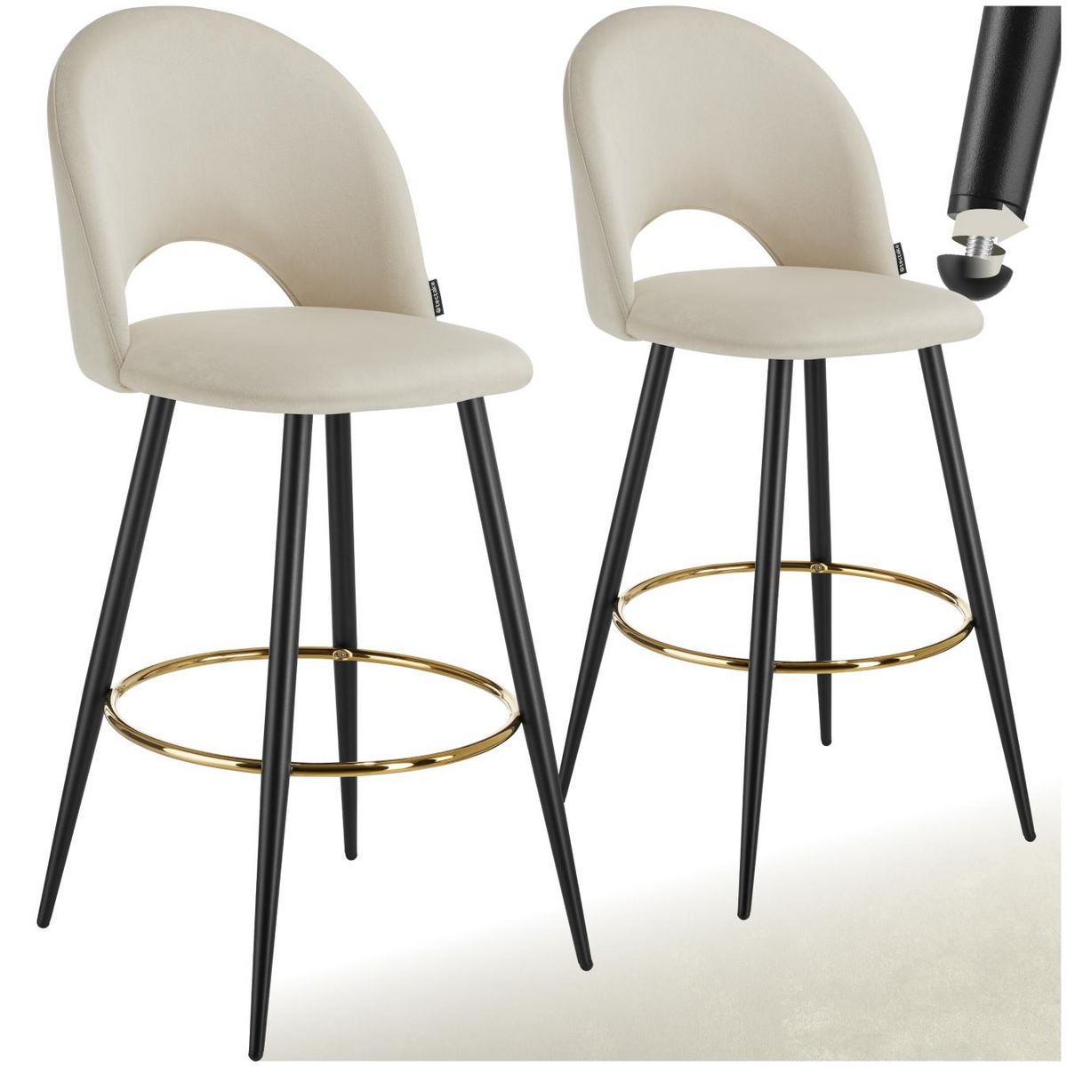 tectake Chaise de bar en velours rembourré crème/noir Ensemble de 2 pièces