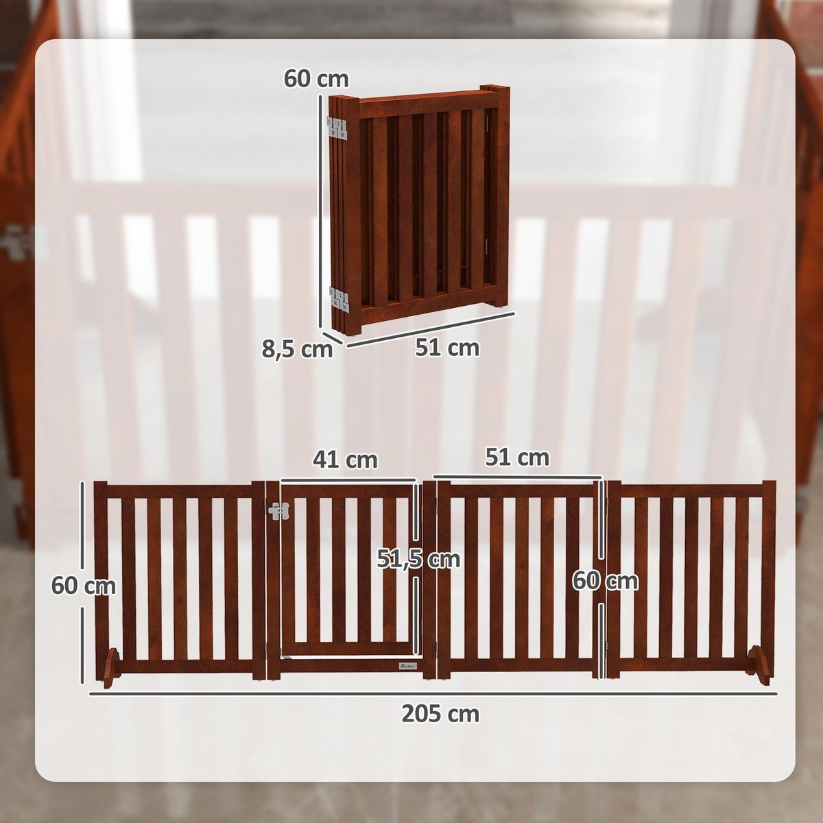 PAWHUT Barrière de sécurité chien pliable modulable autoportante avec porte max. 205 x 60 cm MDF effet acajou