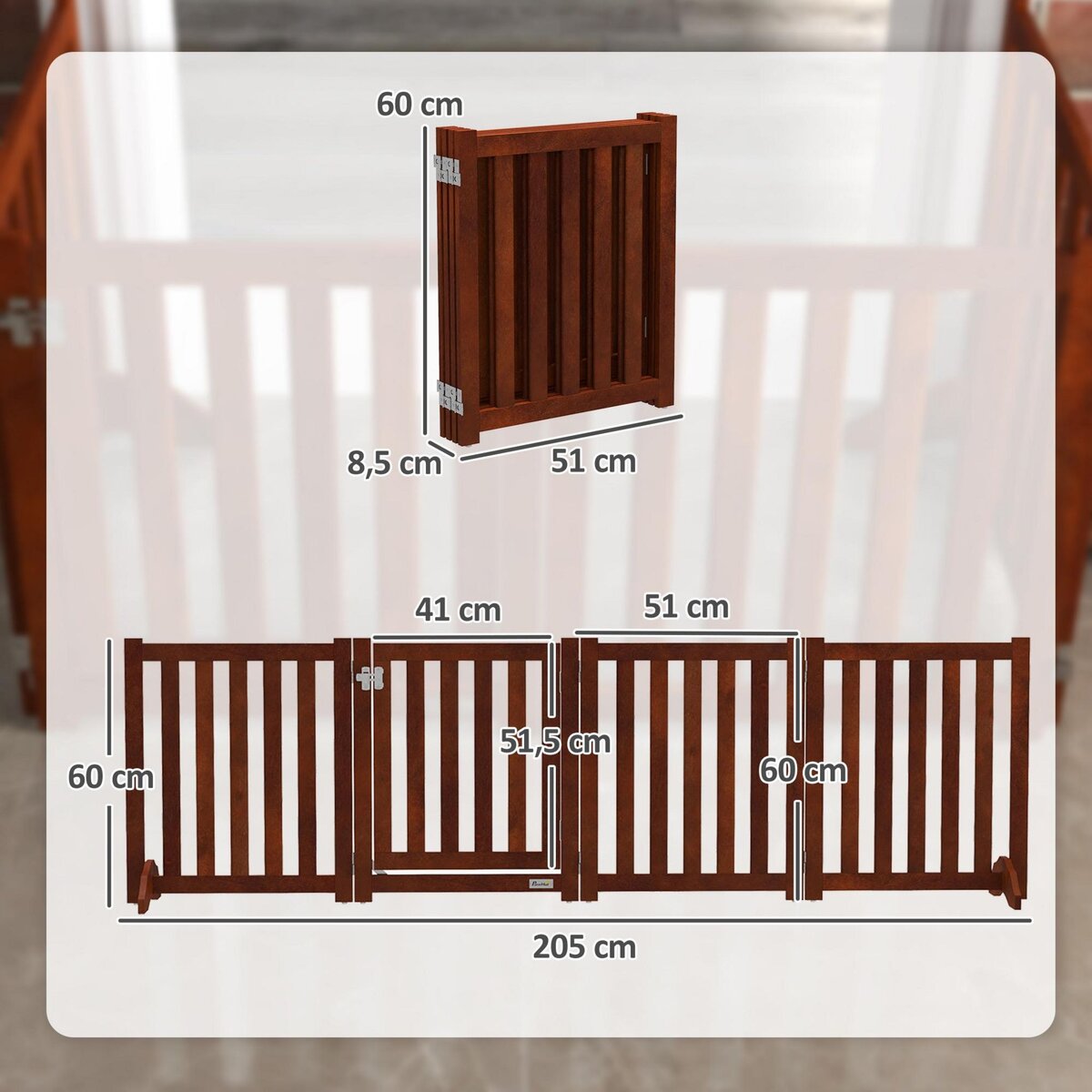 PAWHUT Barrière de sécurité chien pliable modulable autoportante avec porte max. 205 x 60 cm MDF effet acajou