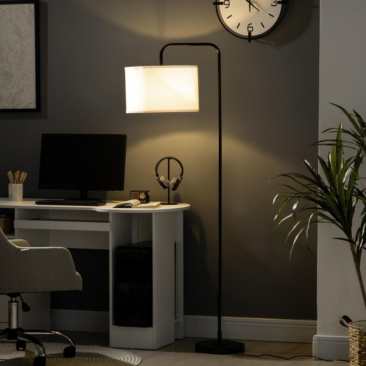 HOMCOM Lampadaire design néo-rétro max. 40 W 163H cm abat-jour circulaire aspect lin blanc piètement structure acier noir