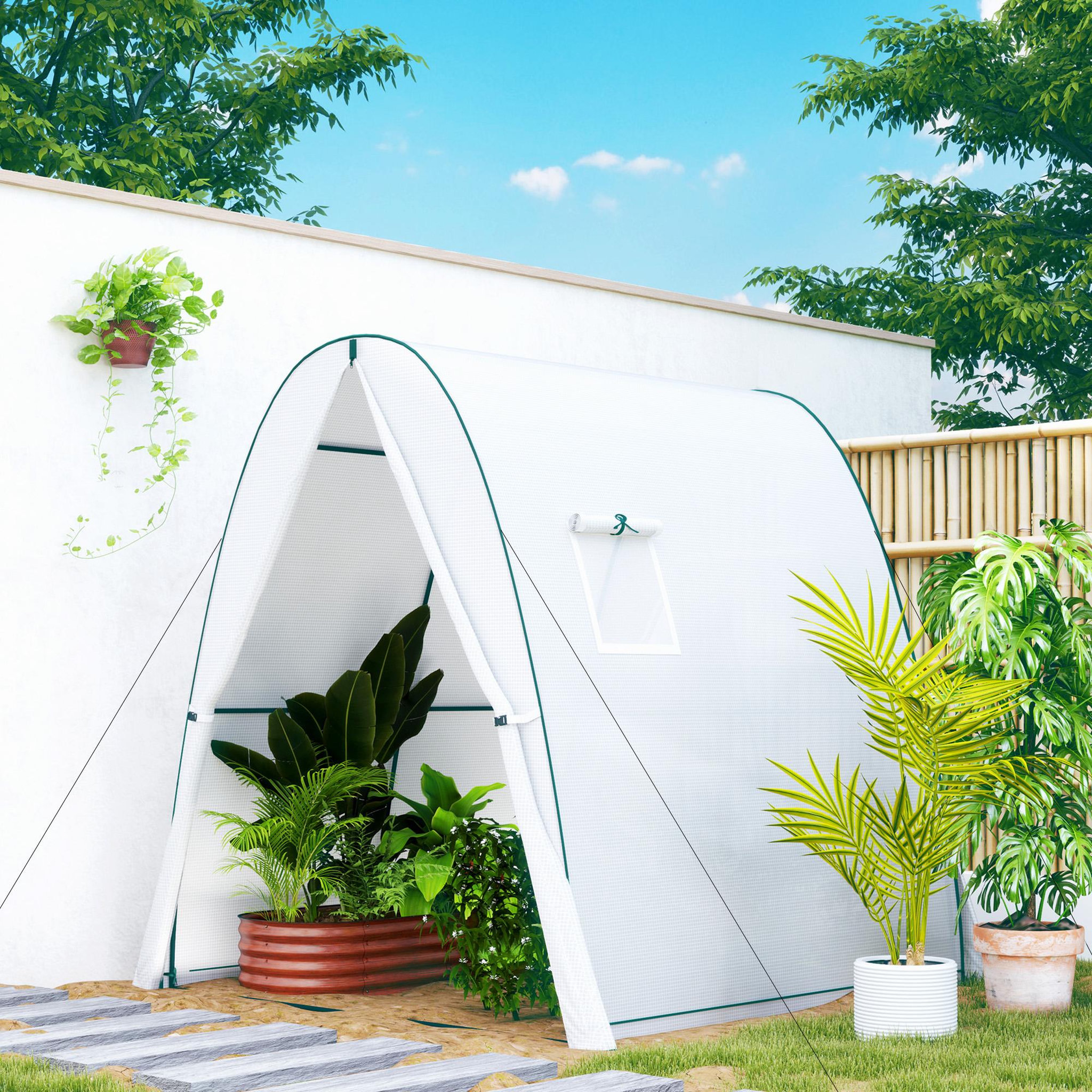 Voir la diapositive 4 : OUTSUNNY Serre tunnel de jardin 1,8 x 1,8 x 2 m - 2 portes enroulables zippées, 2 fenêtres - acier vert pe blanc