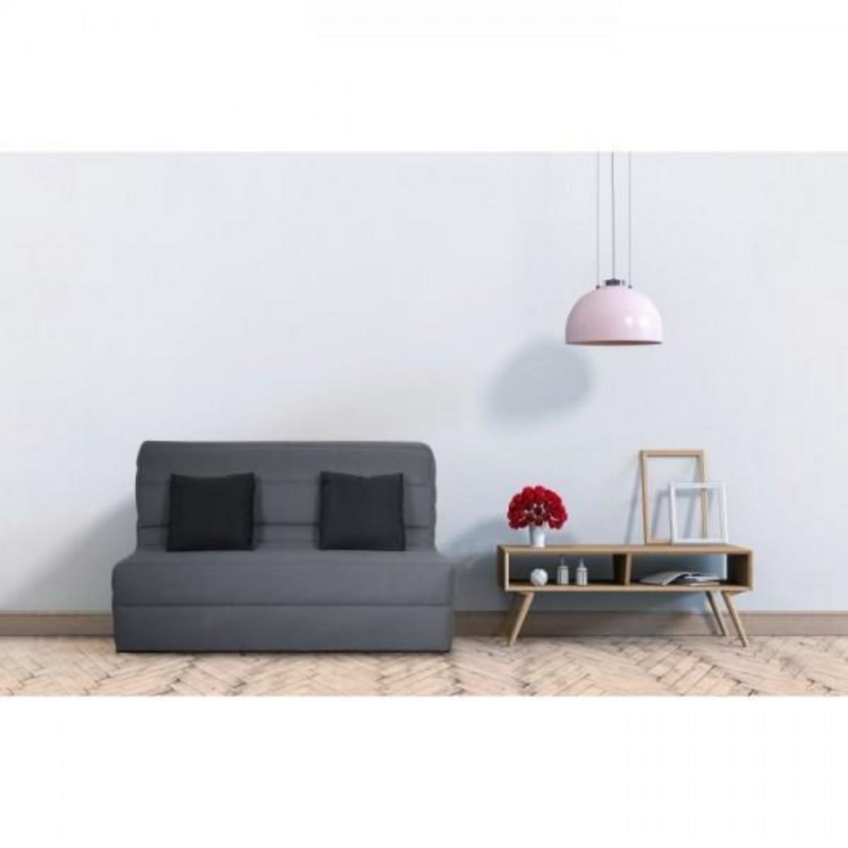 DUNLOPILLO Banquette BZ Dunlopillo - Tissu Gris - 140 x 190 cm - Matelas 12cm - 2 coussins noir