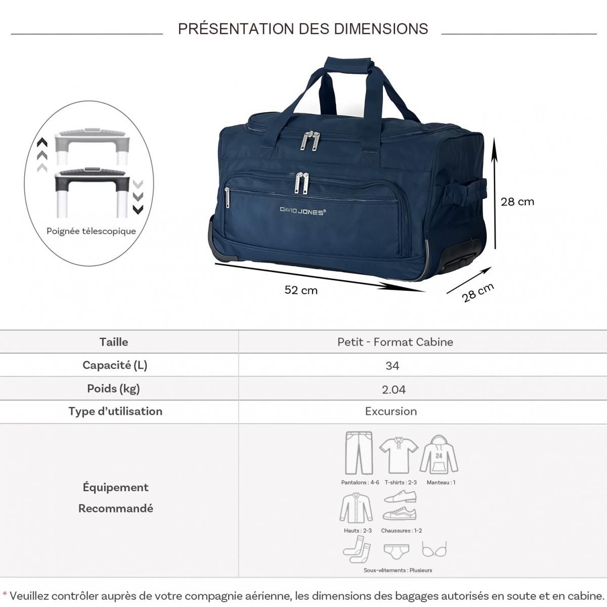 David Jones Sac de voyage cabine avec roulettes 34L  52cm