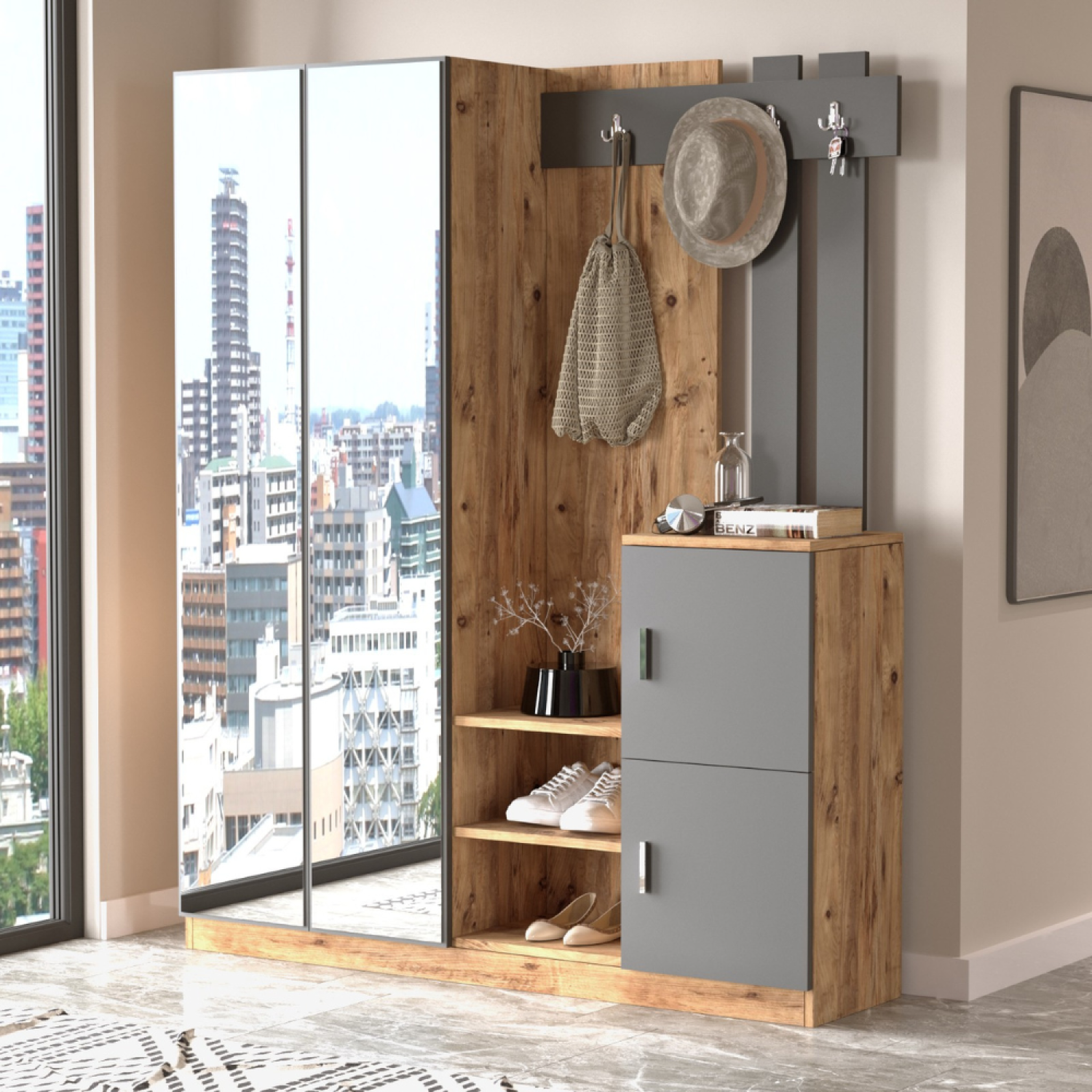 Voir la diapositive 2 : CONCEPT USINE Meuble d'entrée design bois et gris avec miroir ANKA