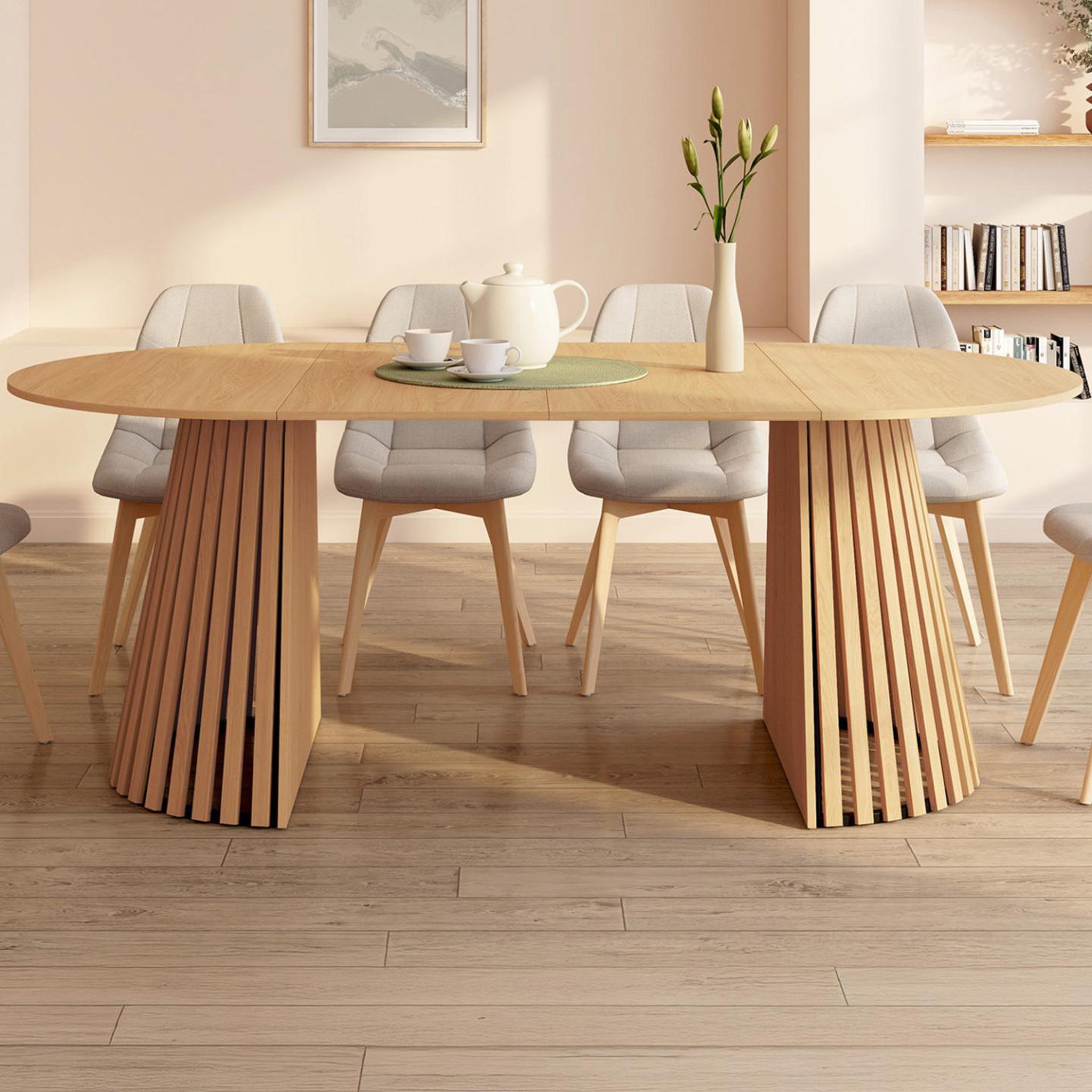 Voir la diapositive 2 : ID MARKET Table à manger extensible ronde carmen 4-10 personnes pied bois en lattes et plateau bois 110-200 cm