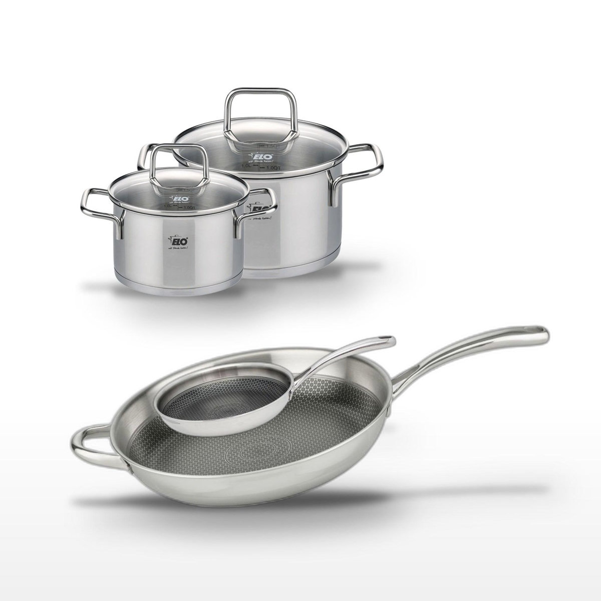 ELO Lot de 2 Poêles Elo Relief Evolution 32cm & 24cm et 2 Faitouts 20cm & 16cm