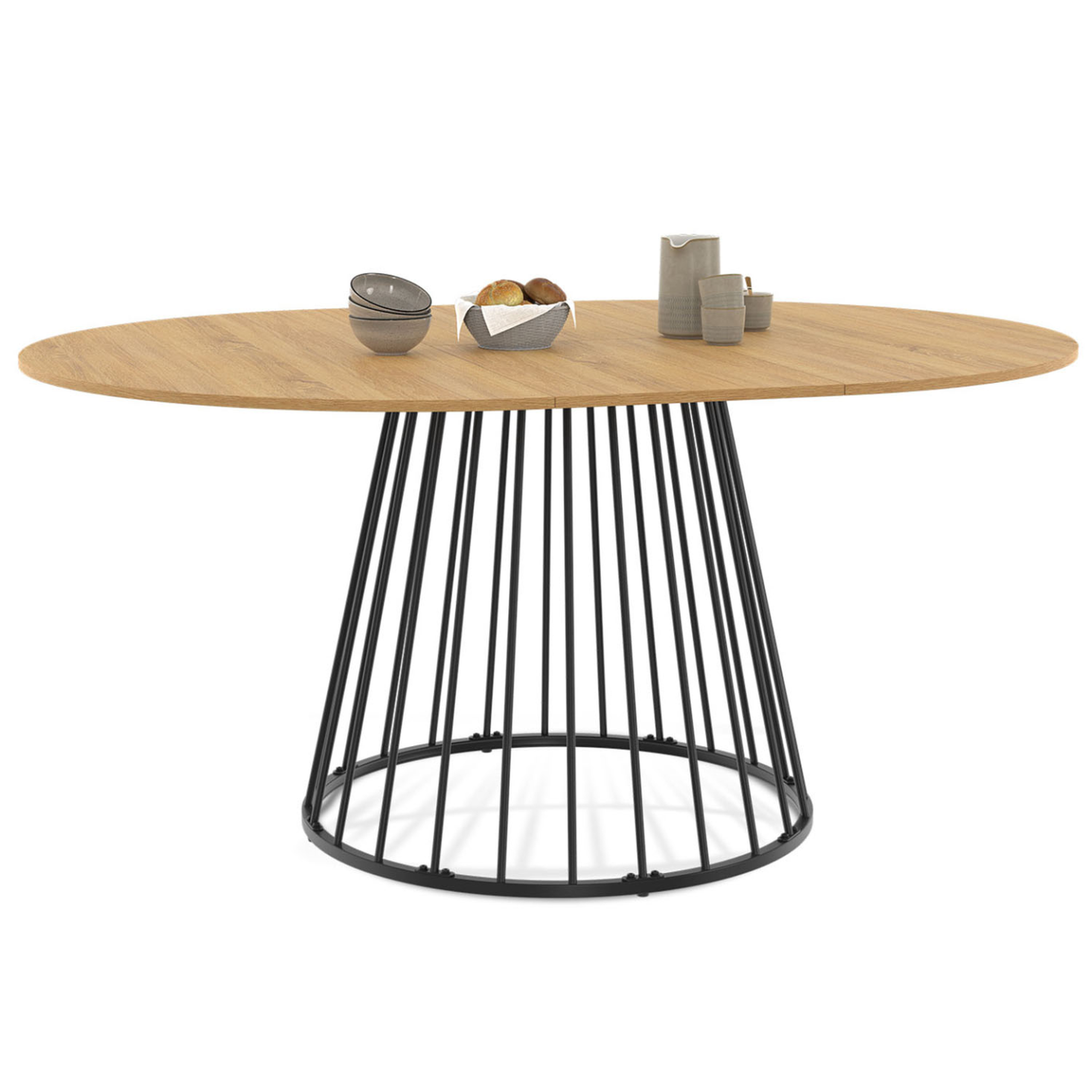 ID MARKET Table à manger extensible ronde yuna 4-8 personnes plateau bois et pied filaire en métal 110-150 cm