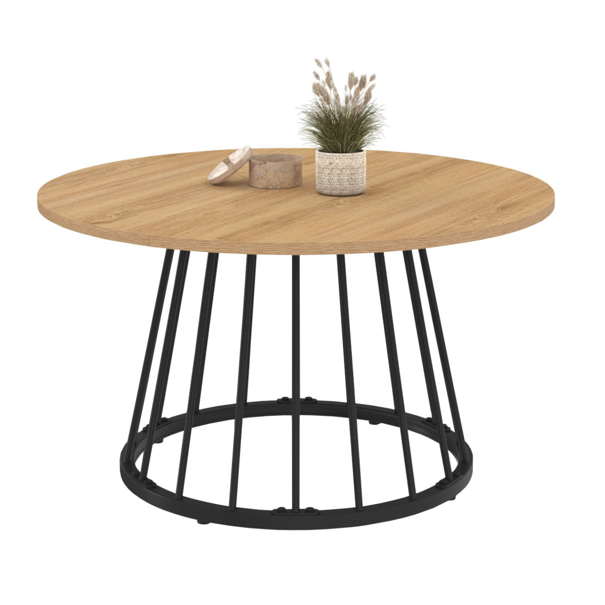 ID MARKET Table basse ronde YUNA 70 cm plateau bois et pied filaire en métal noir