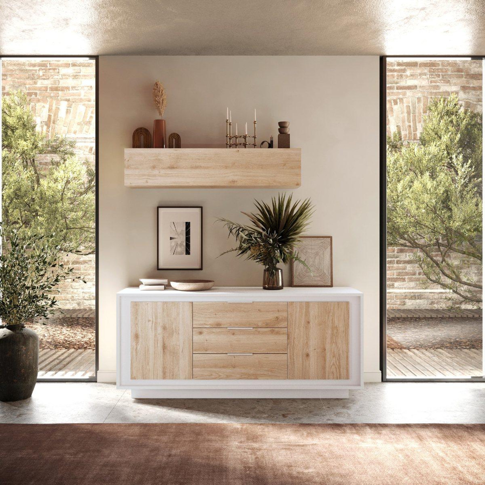 Voir la diapositive 2 : JLC KREATION Buffet bas blanc et bois 2 portes-3 tiroirs 180cm yori