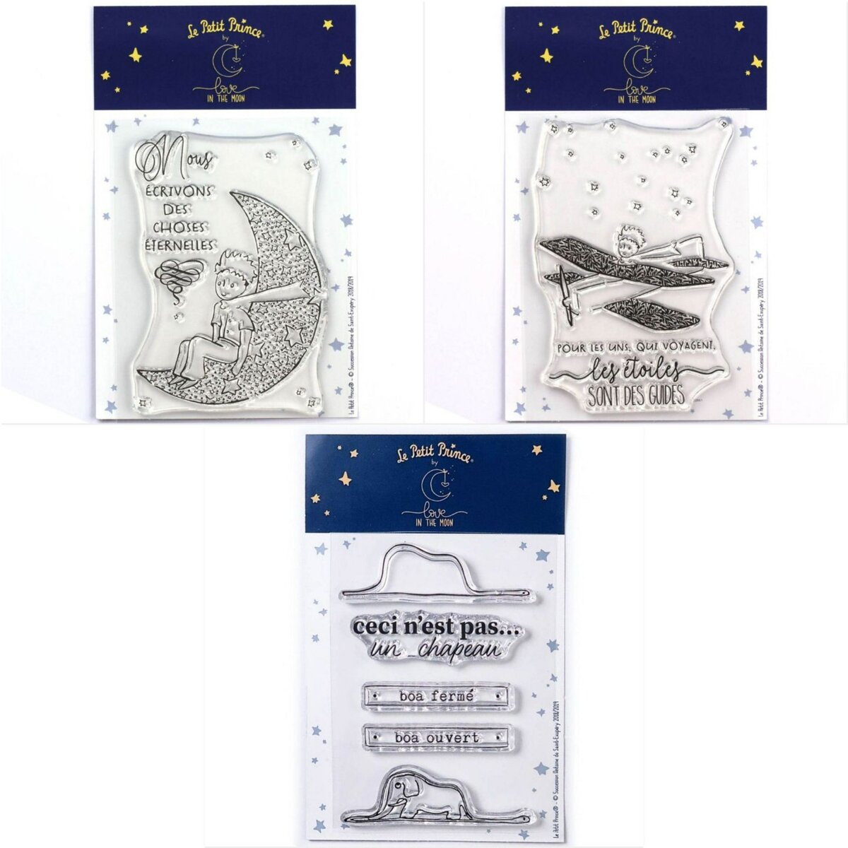  7 Tampons transparents Le Petit Prince Ciel et la Lune + son Avion + Boa Elephant