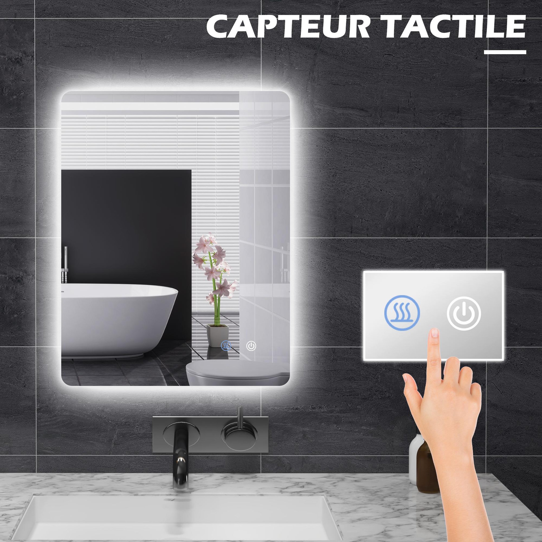 Voir la diapositive 4 : KLEANKIN Miroir rectangulaire mural lumineux led de salle de bain - 80 x 60 cm - 3 couleurs, luminosité réglable interrupteur tactile système antibuée blanc transparent