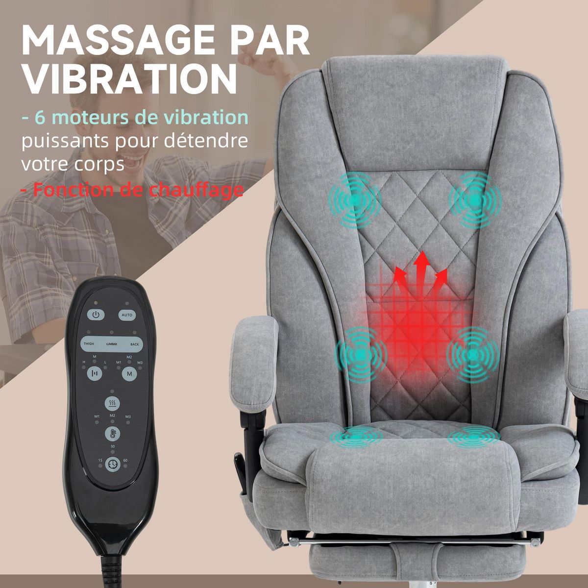 VINSETTO Fauteuil de bureau manager massant chauffant inclinable réglable télécommande repose-pieds rétractable velours gris clair
