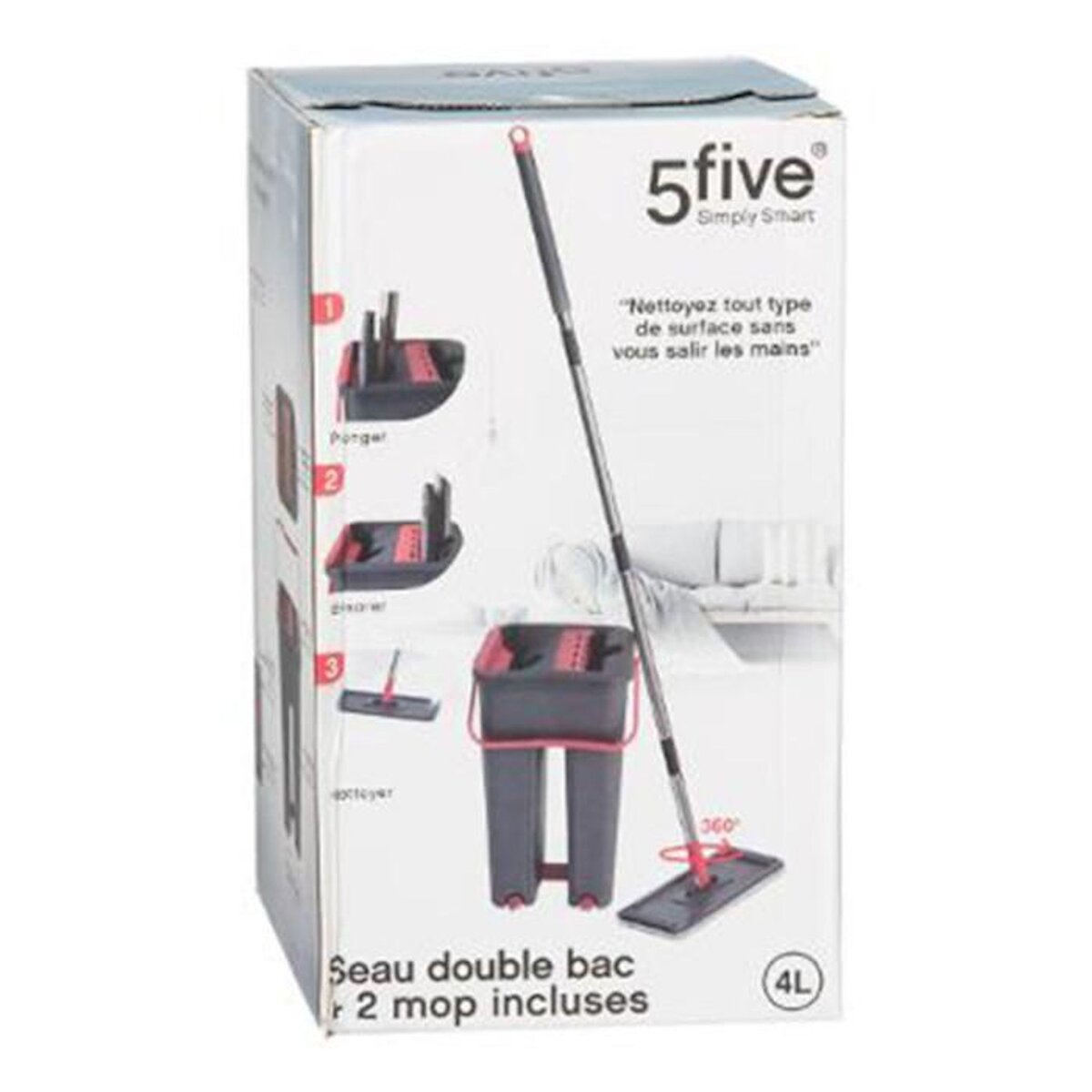 FIVE Seau, Balai & 2 Serpillières  Tana  4L Gris