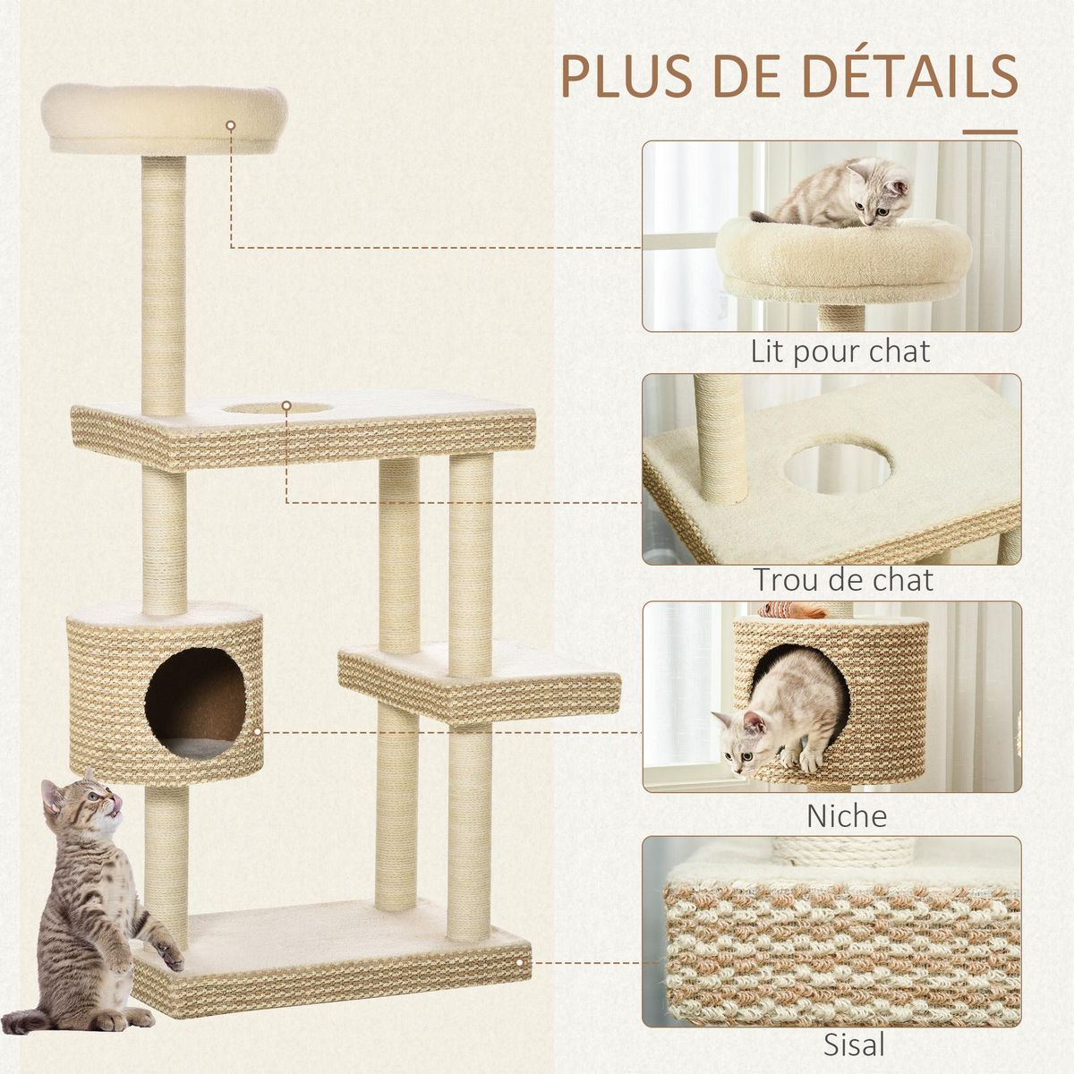PAWHUT Arbre à chats style cosy chic H135 cm griffoirs sisal naturel niche plateformes peluche courte bicolore beige café