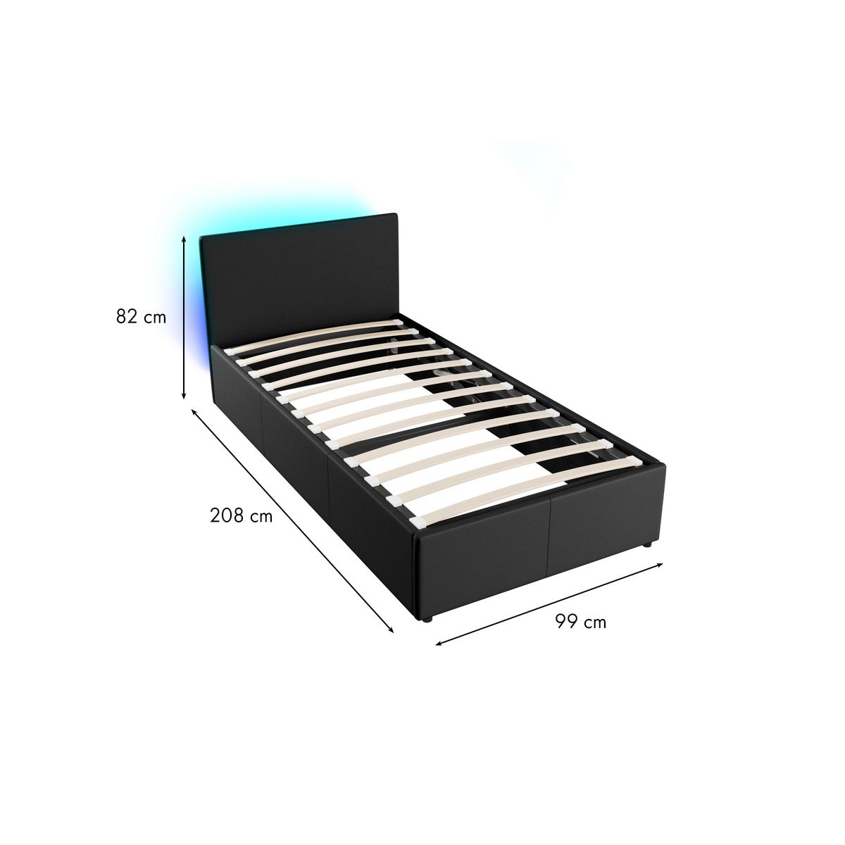 Lit coffre 90x190cm avec sommier à lattes et tête de lit LED WILLOW 