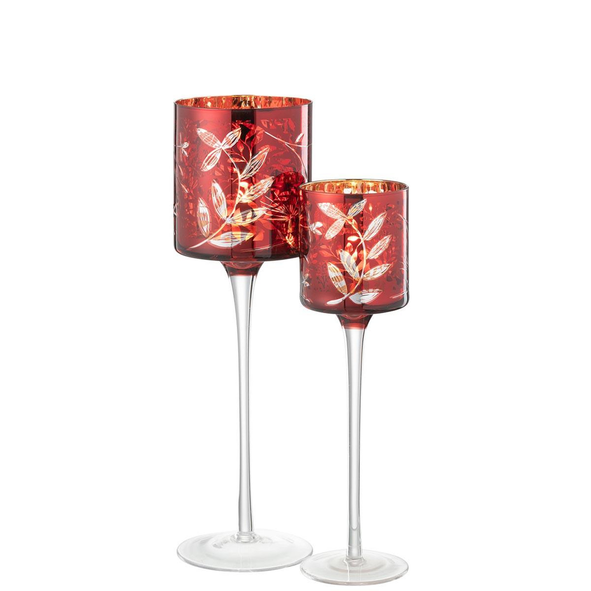 Voir la diapositive 5 : J-LINE Photophore sur Pied en Verre  Feuilles  30cm Rouge