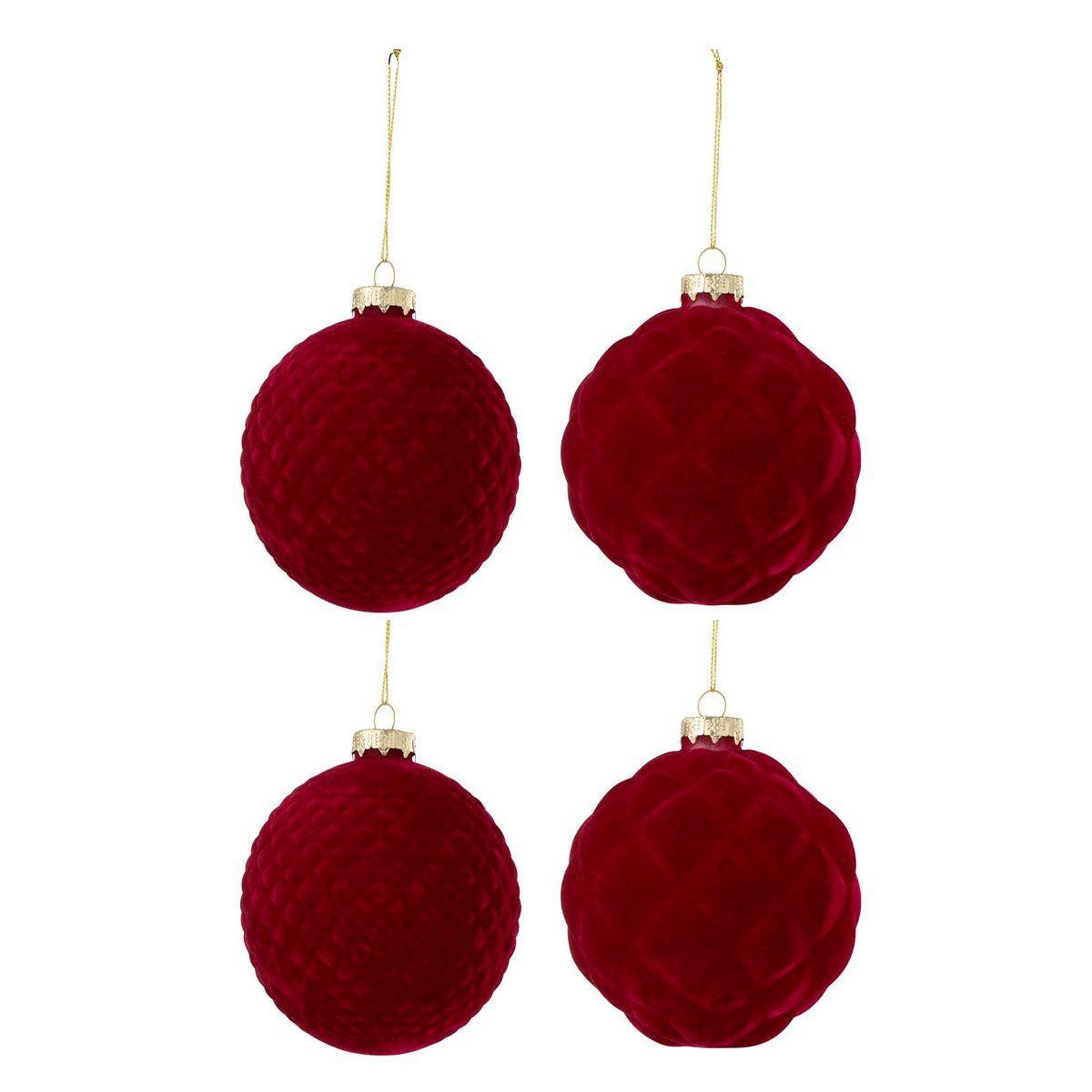 J-LINE Lot de 4 boules de noël velours  caro  10cm rouge