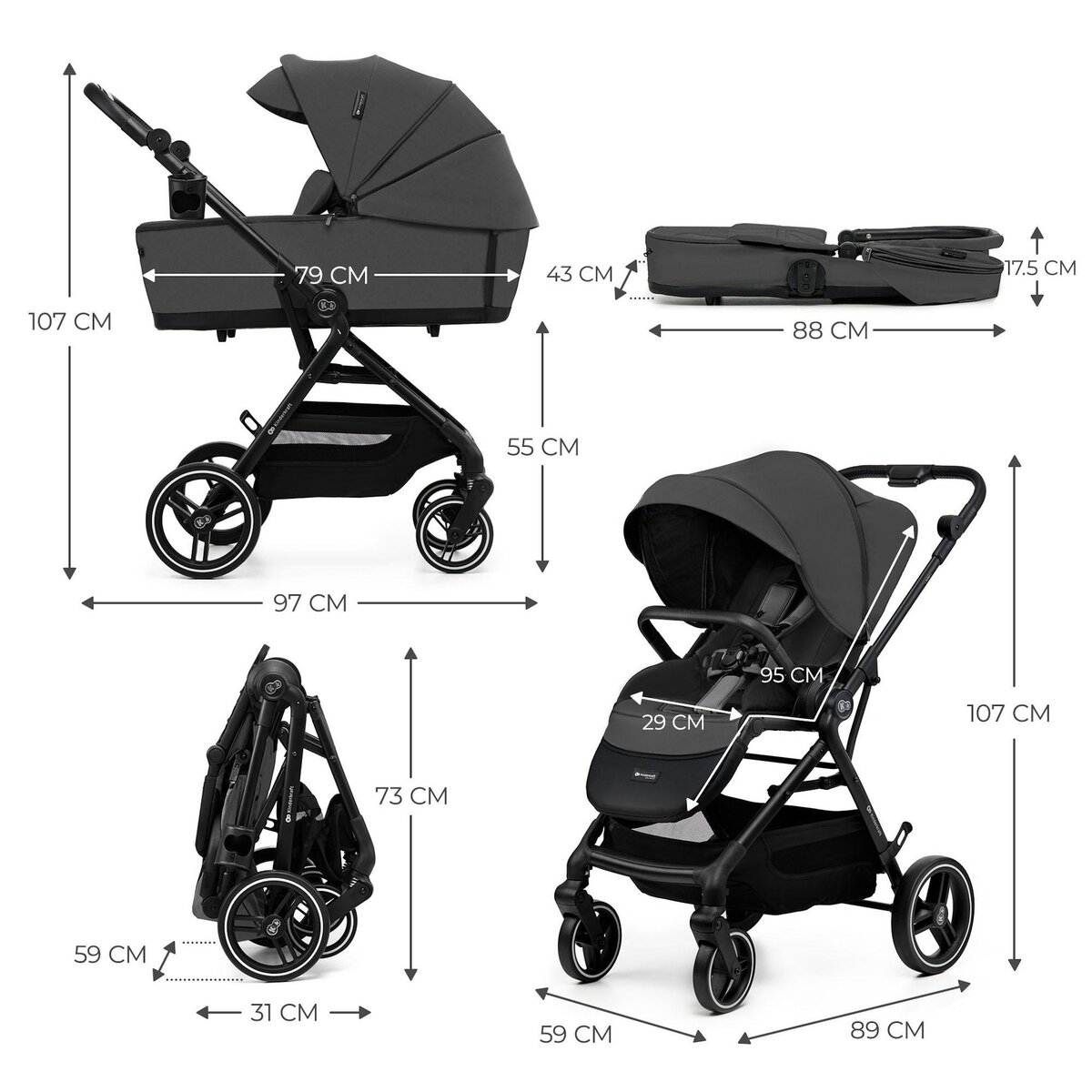 KINDERKRAFT Poussette 3 en 1 avec nacelle YOXI, roues anti-crevaison et accessoires