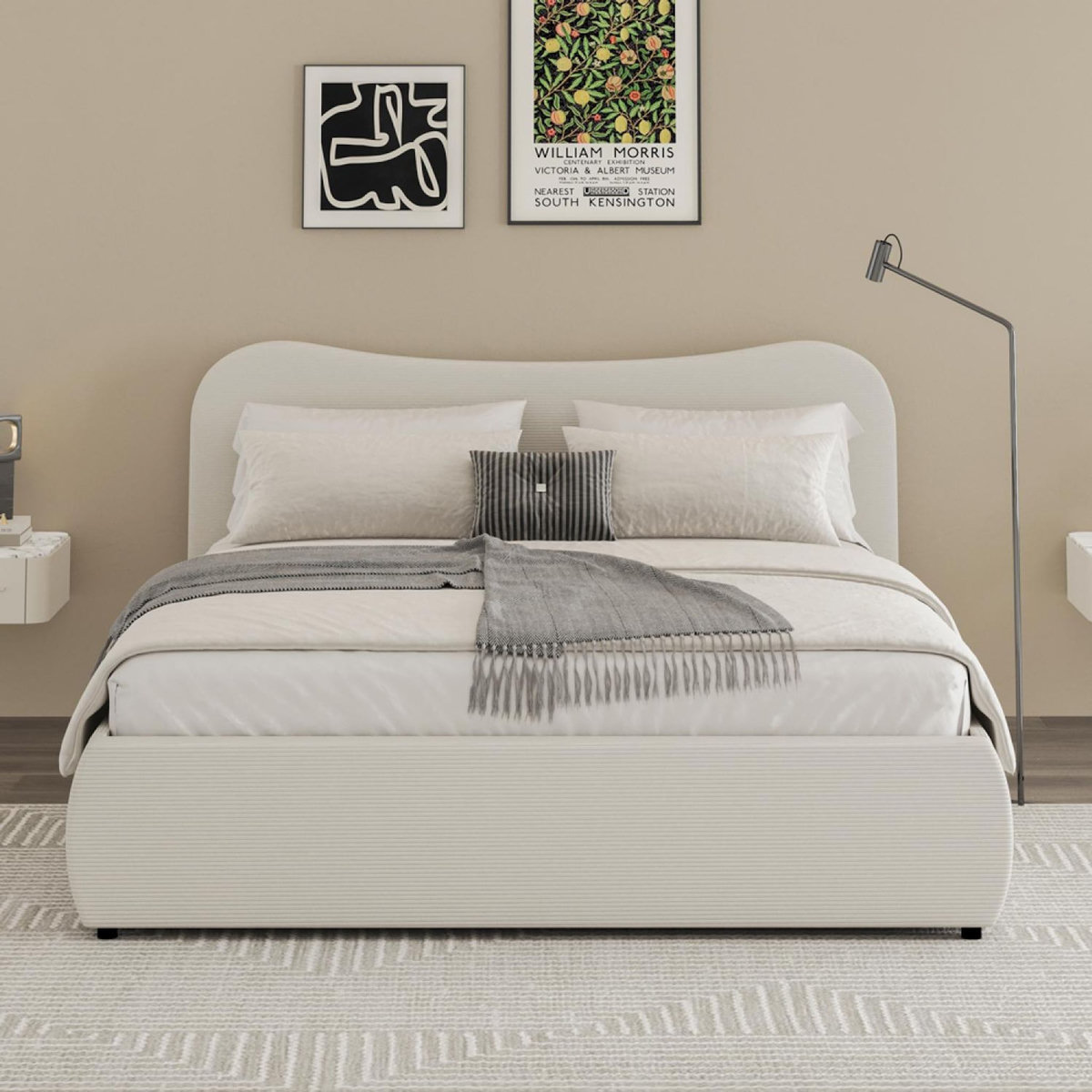 CONCEPT USINE Lit coffre 140x190cm design arrondi velours côtelé beige PLANO