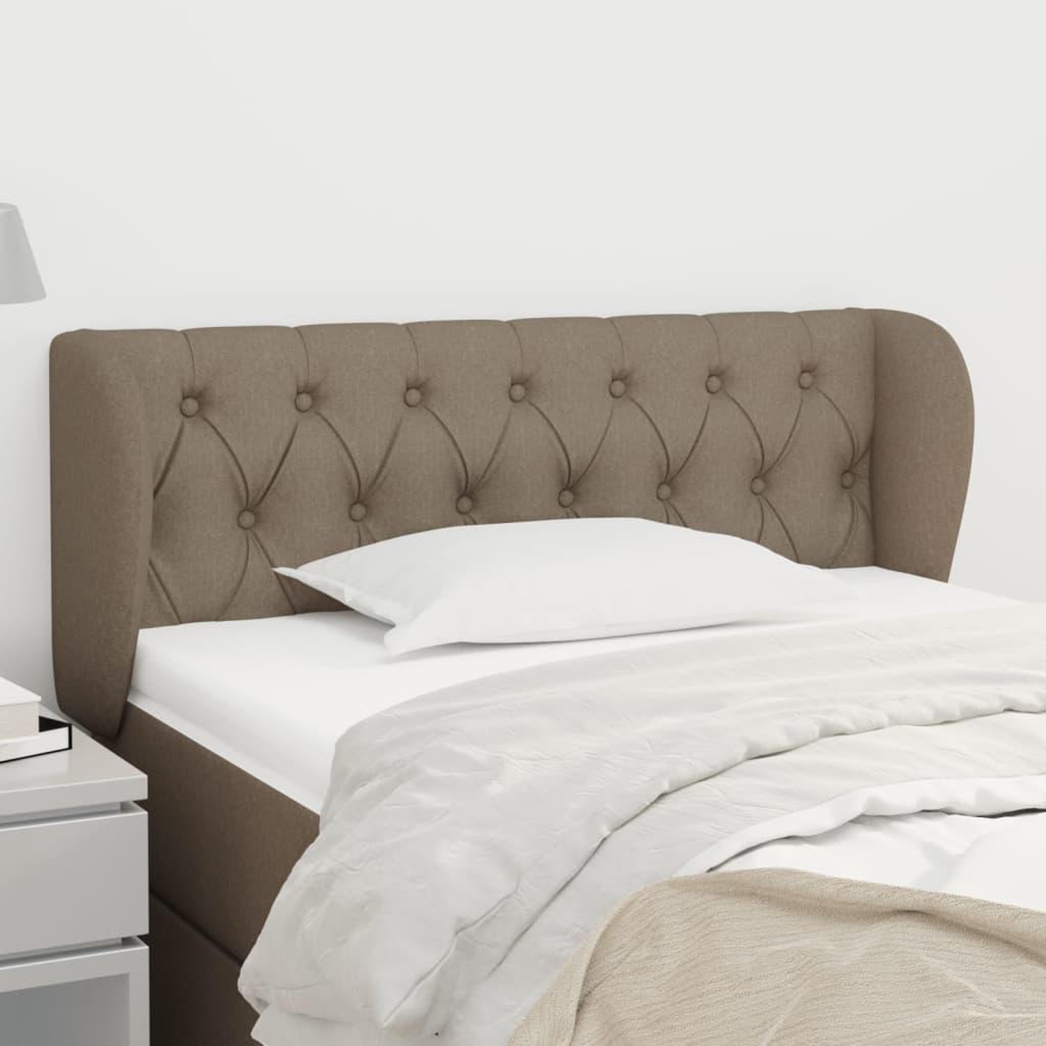 Voir la diapositive 1 : VIDAXL Tete de lit avec oreilles Taupe 103x23x78/88 cm Tissu
