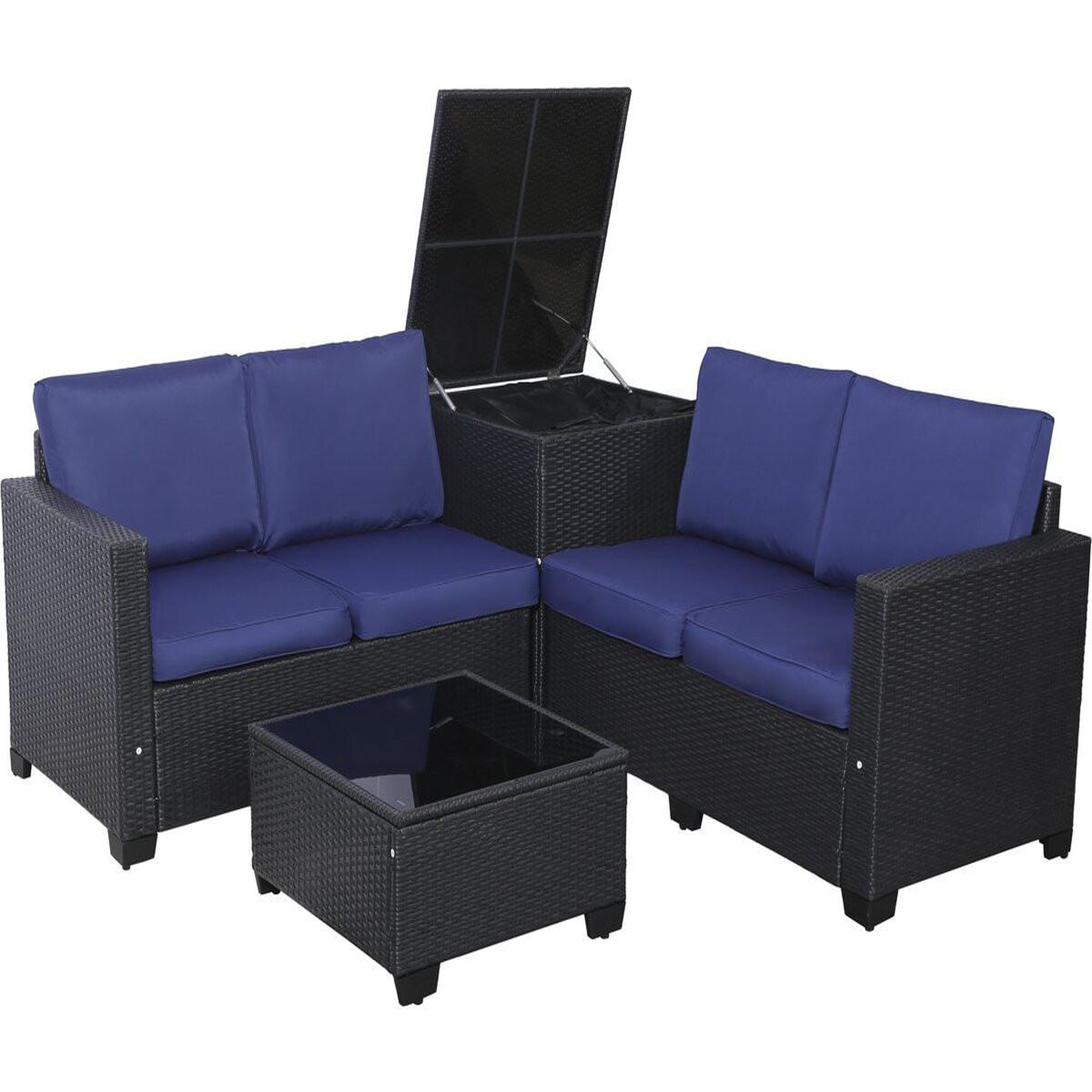 Voir la diapositive 3 : Habitat et Jardin Salon de jardin en résine tressée avec coffre de rangement  riley  - 4 places - bleu foncé